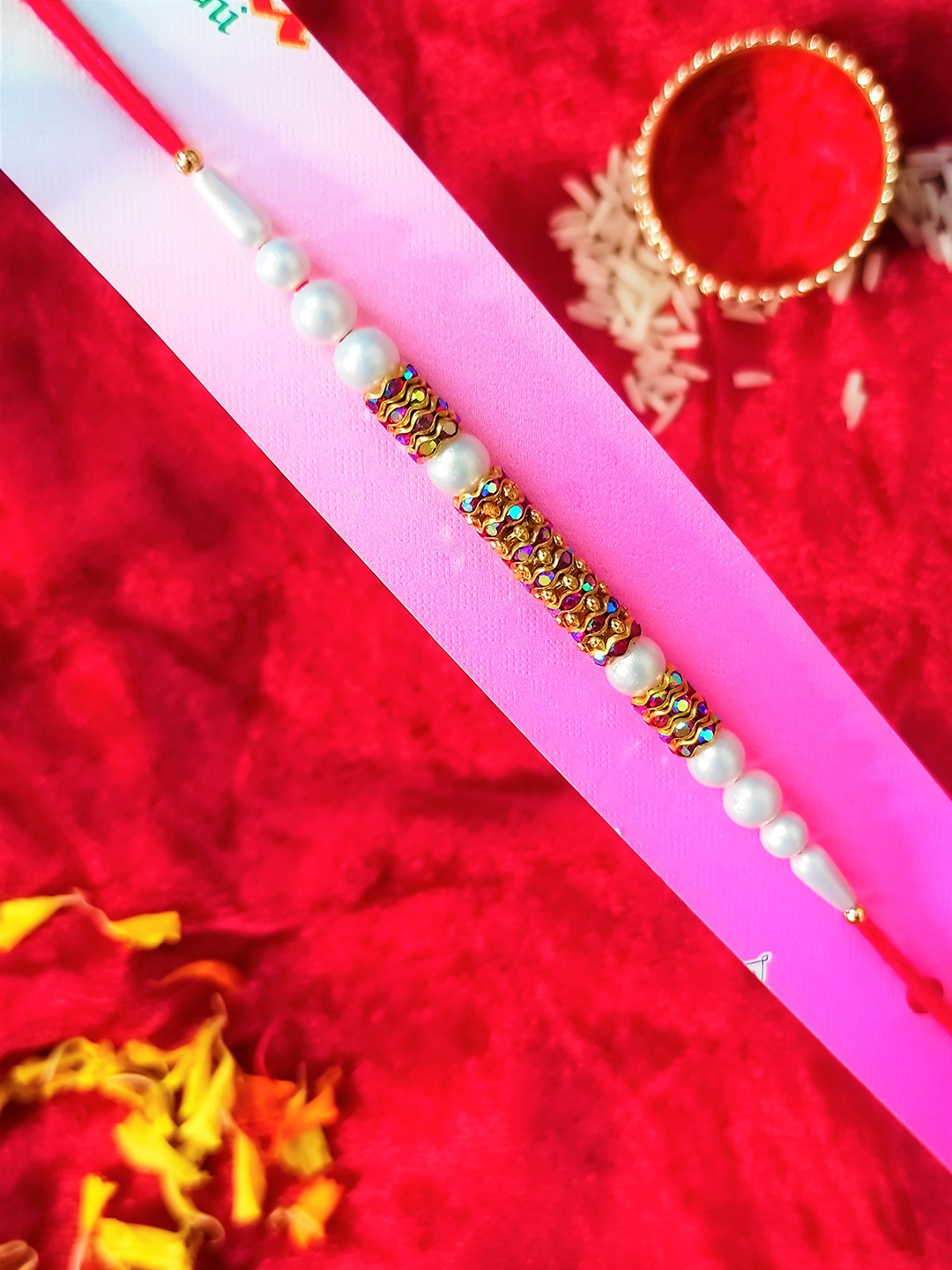 CRAYTON Men Red & White Pearl Beaded Tie-Up Rakhi