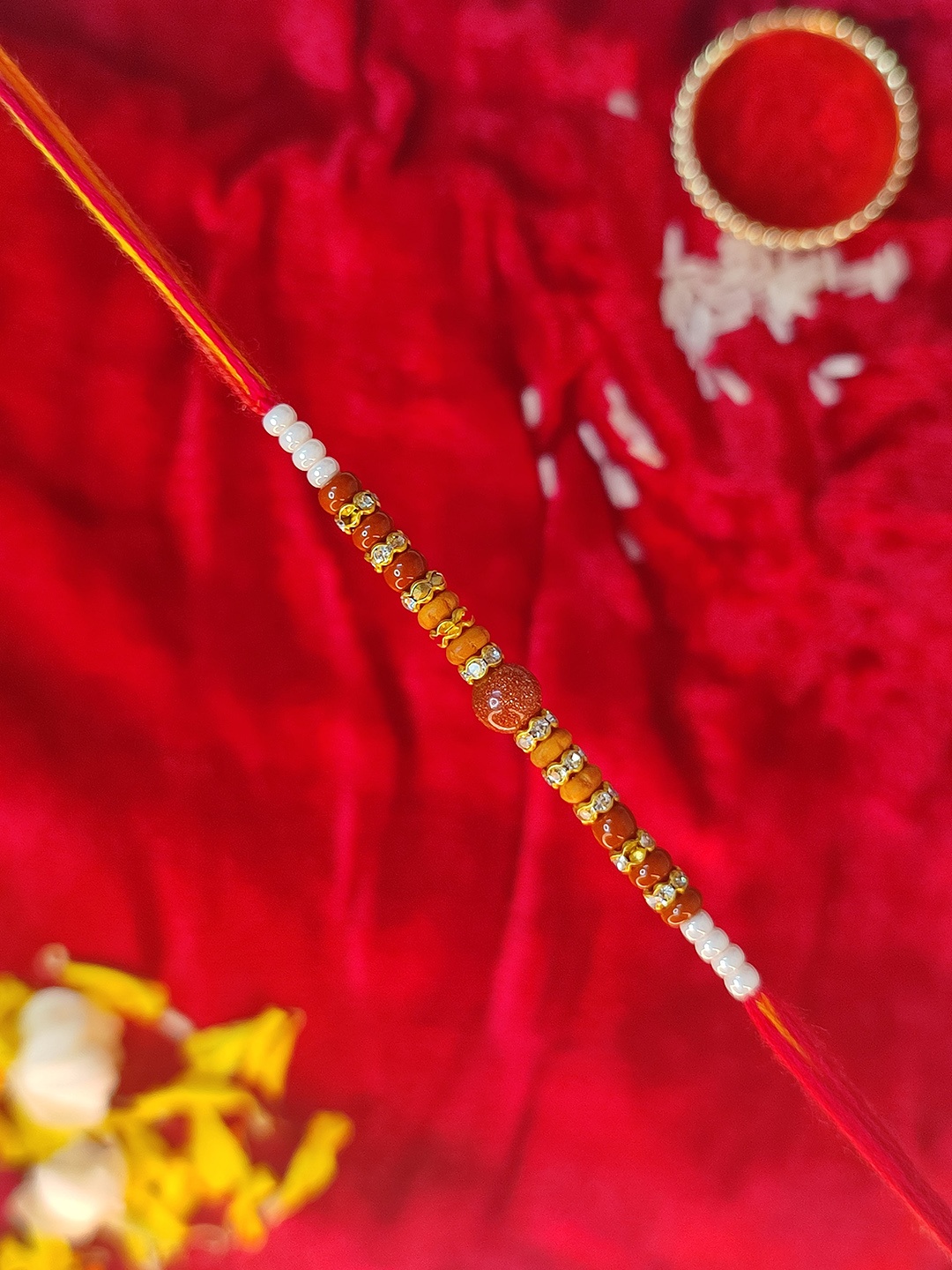 

CRAYTON Men Red & Gold-Coloured Beaded Rakhi With RoliChawal