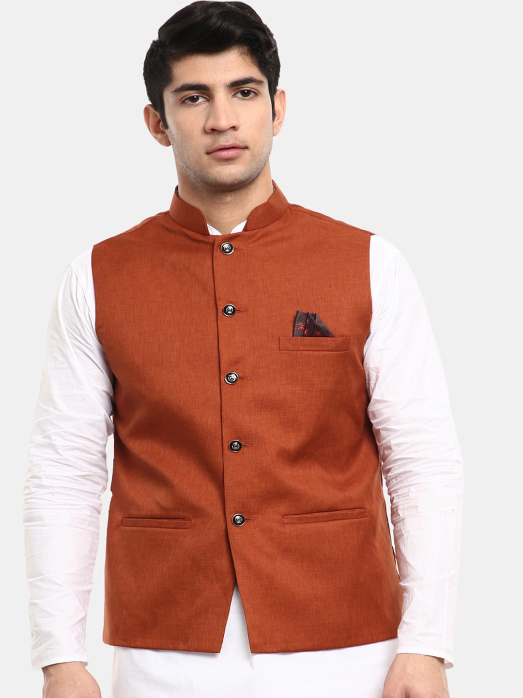

V-Mart Men Rust Solid Satin Nehru Jackets