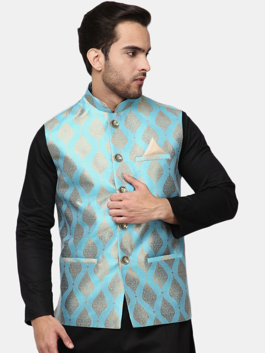 

V-Mart Men Blue & Gold-Toned Self-Design Nehru Jacket