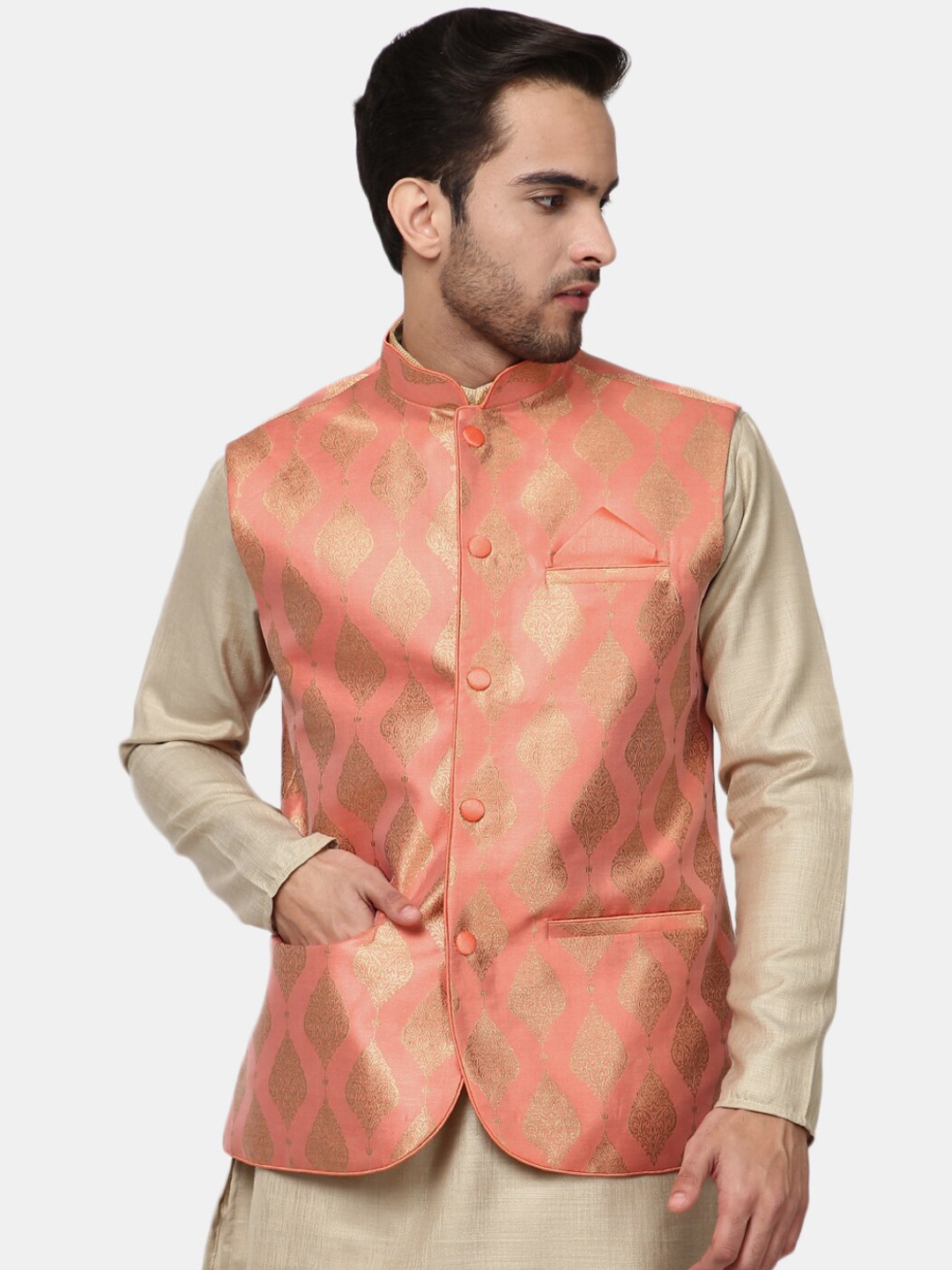 

V-Mart Men Pink Self Design Jacquard Nehru Jackets