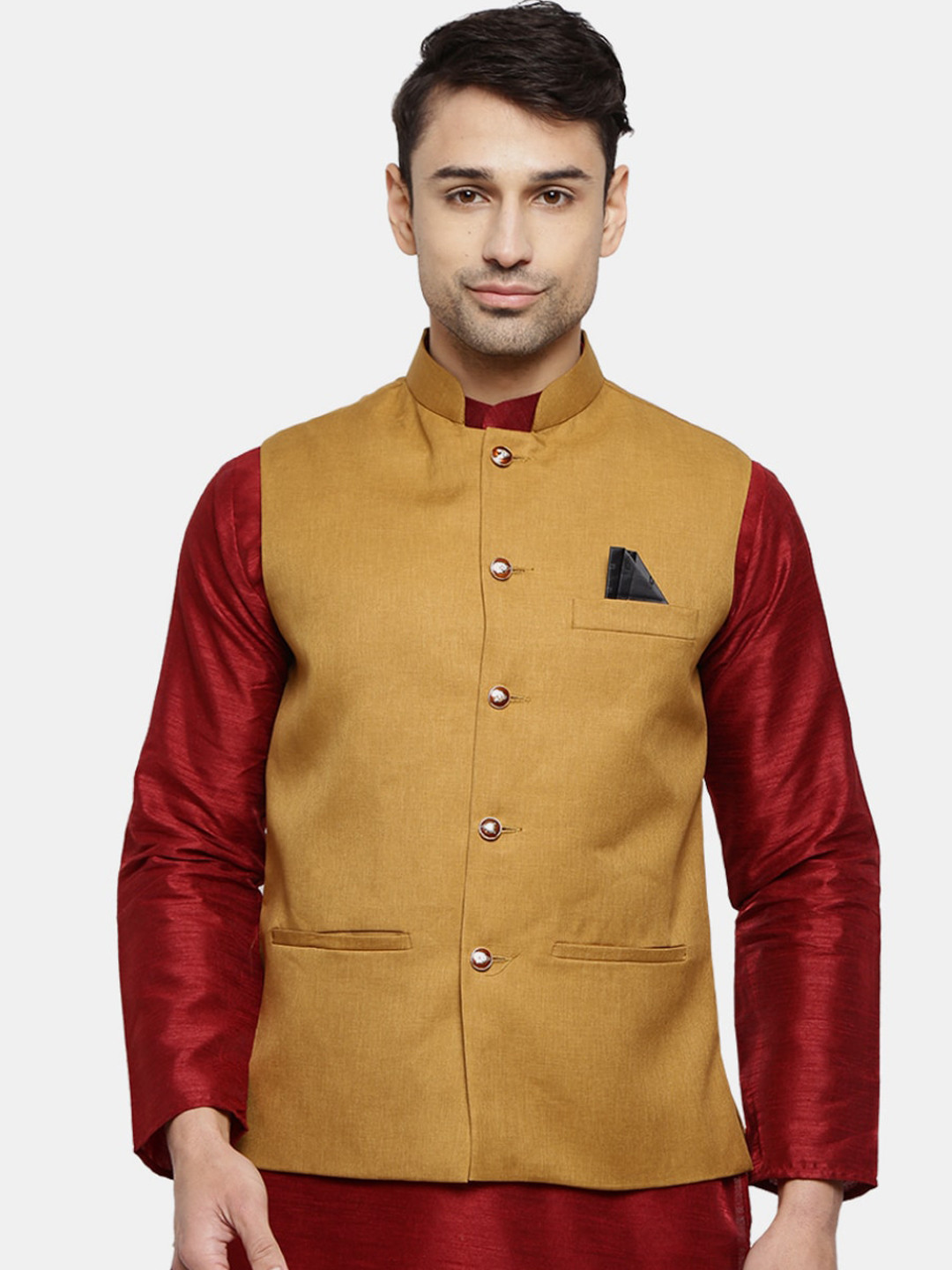 

V-Mart Men Gold-Toned Woven Slub Mandarin Colllar Nehru Jackets