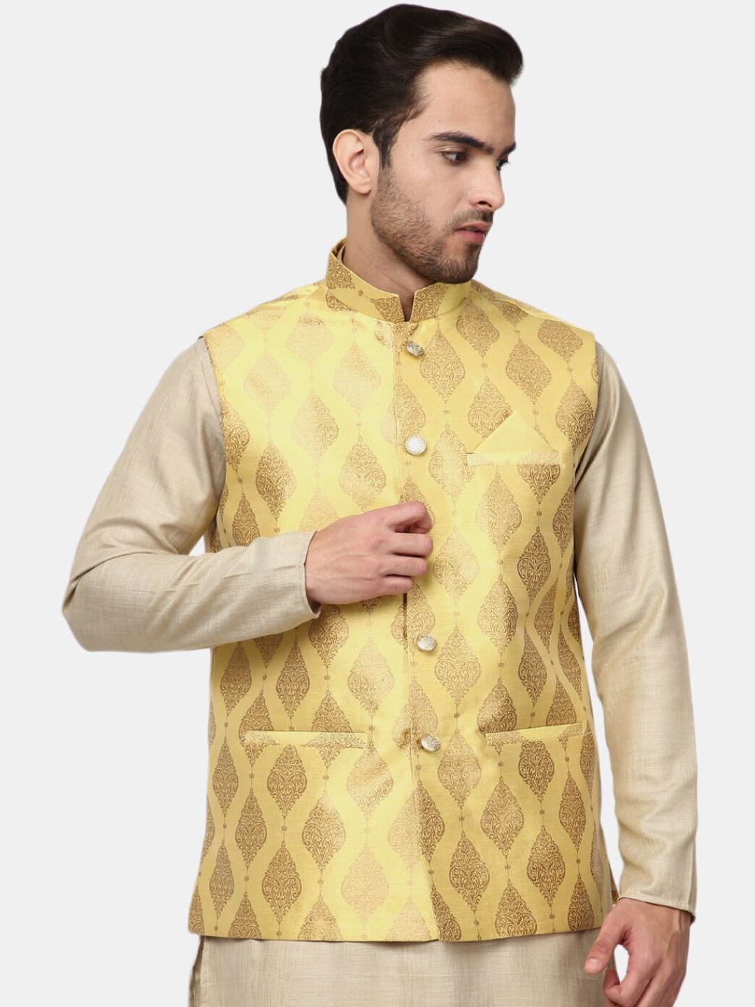 

V-Mart Men Yellow Self-Design Nehru Jackets