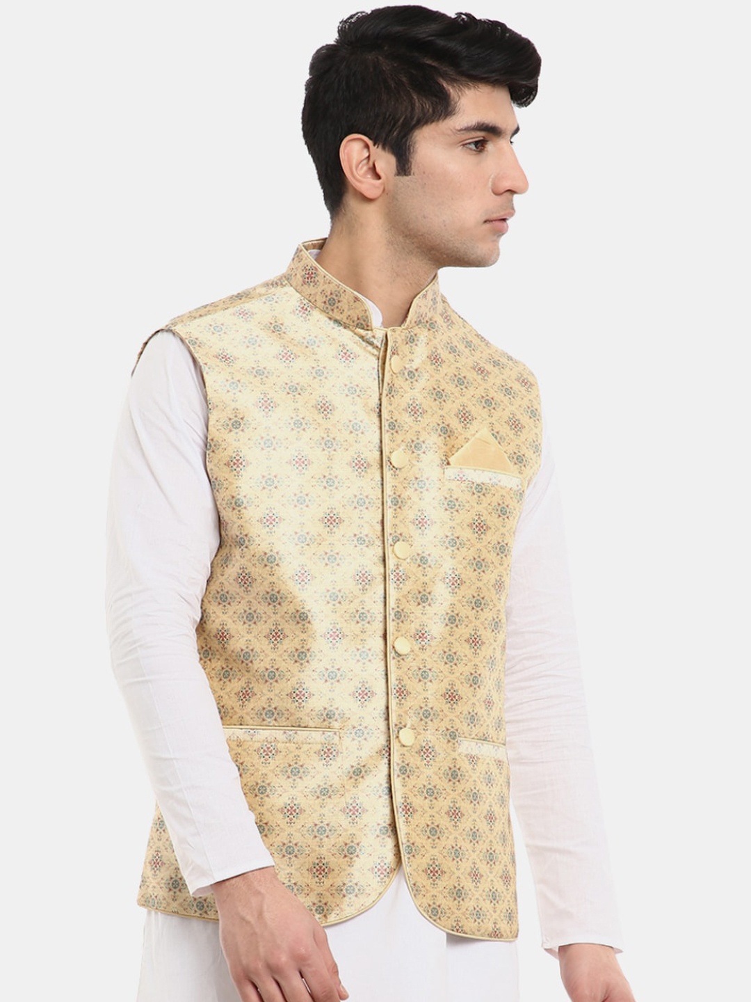 

V-Mart Men Beige Self Design Woven Nehru Jackets
