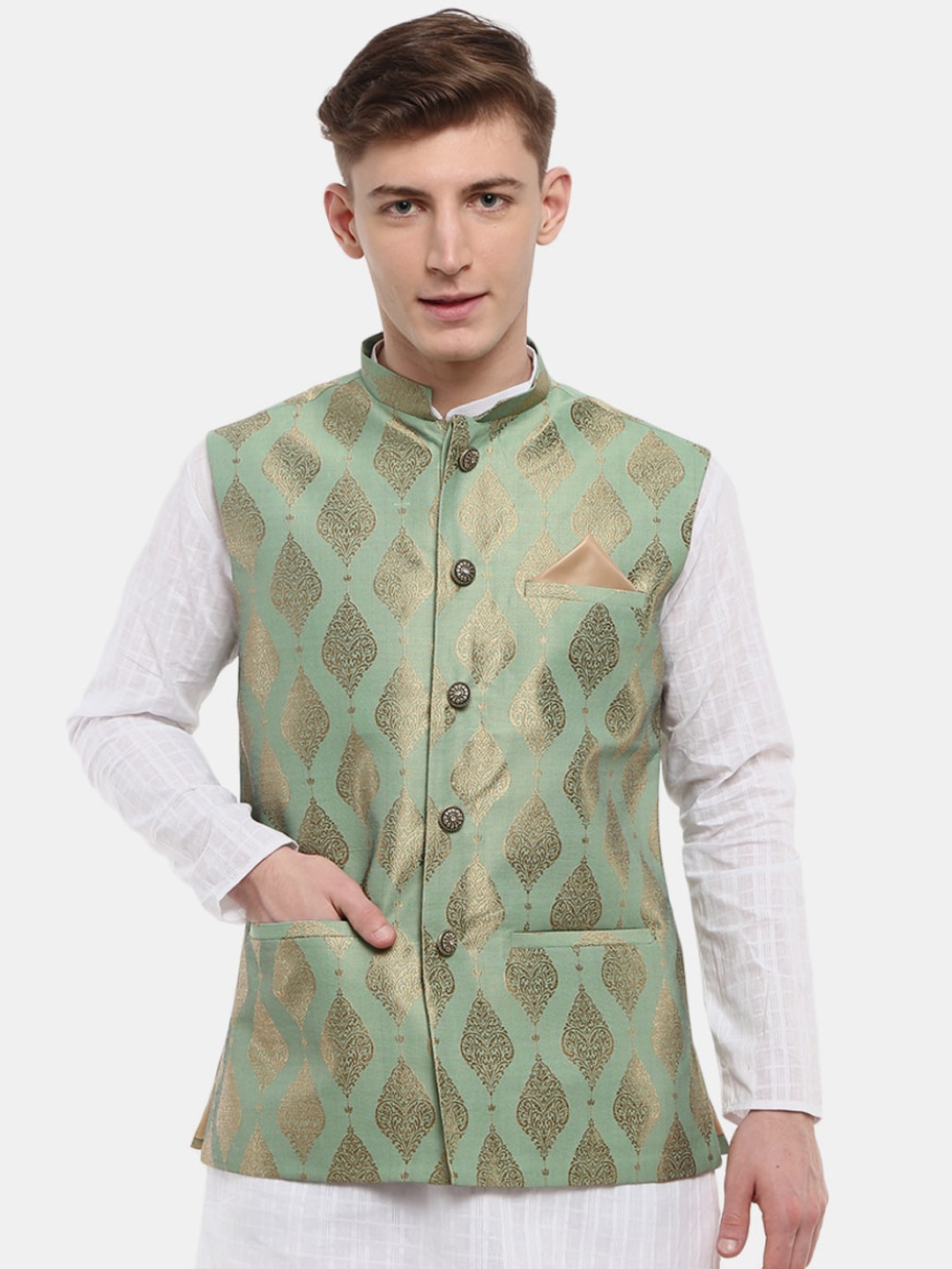 

V-Mart Men Green & Gold-Toned Self-Design Jacquard Nehru Jacket