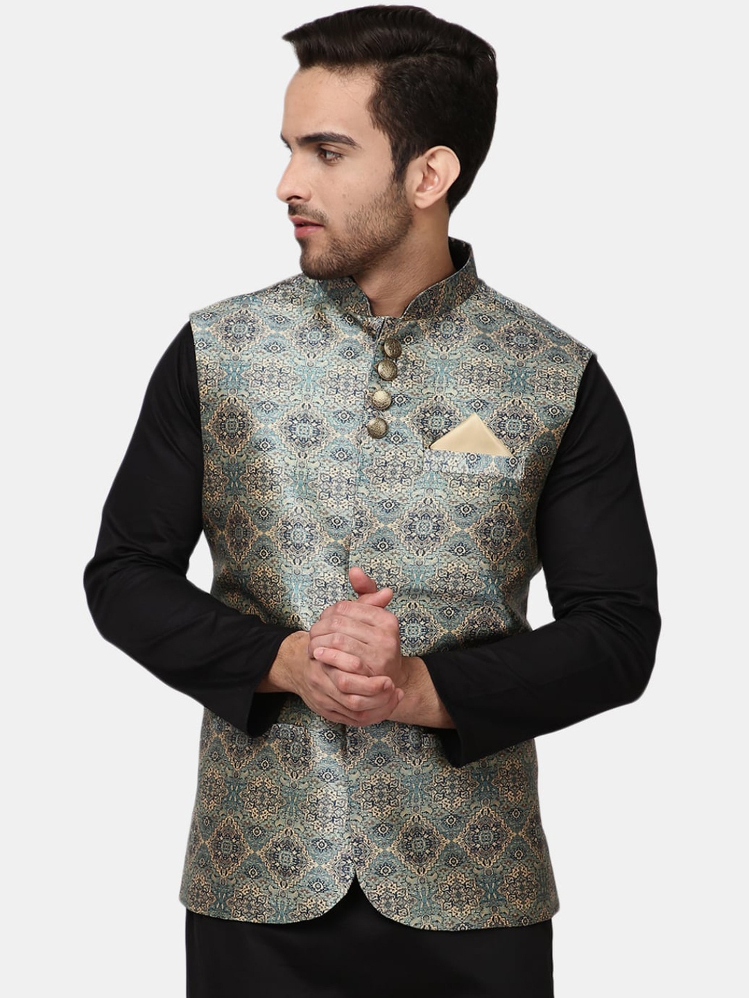 

V-Mart Men Sage Green Ethnic Motifs Self Design Mandarin Collar Nehru Jacket