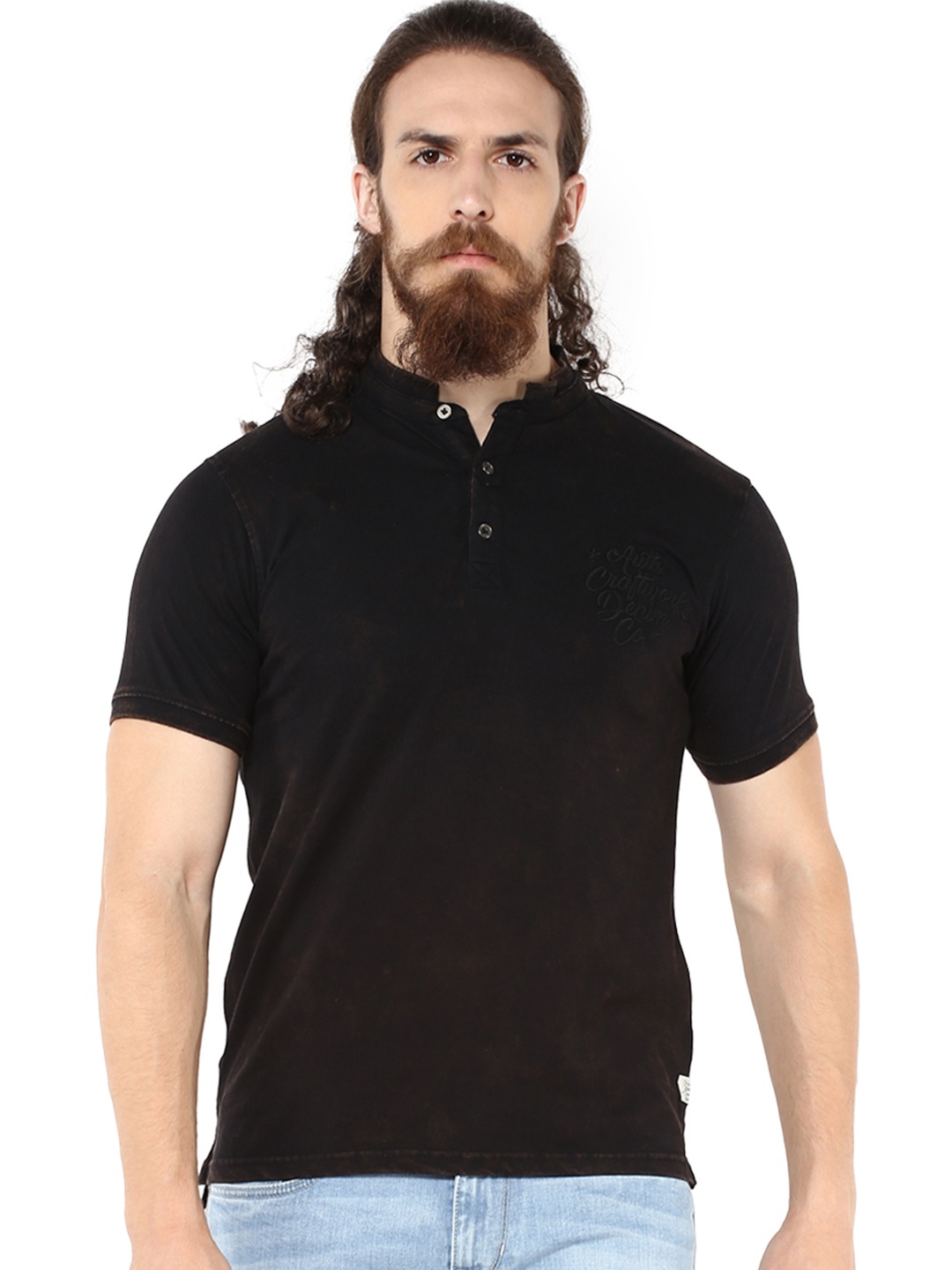 

ELABORADO Men Black Solid Stand Collar T-shirt
