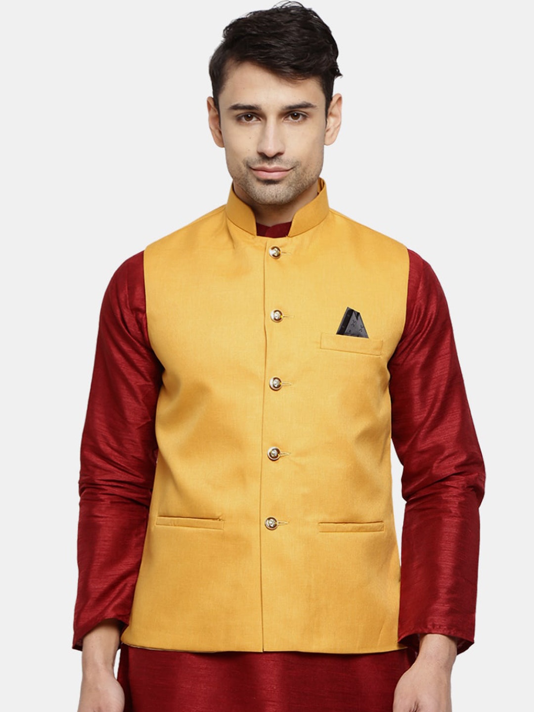 

V-Mart Men Mustard Yellow Solid Satin Nehru Jackets