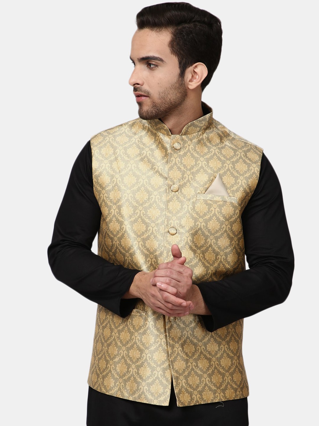 

V-Mart Men Beige Self-Design Woven Nehru Jackets
