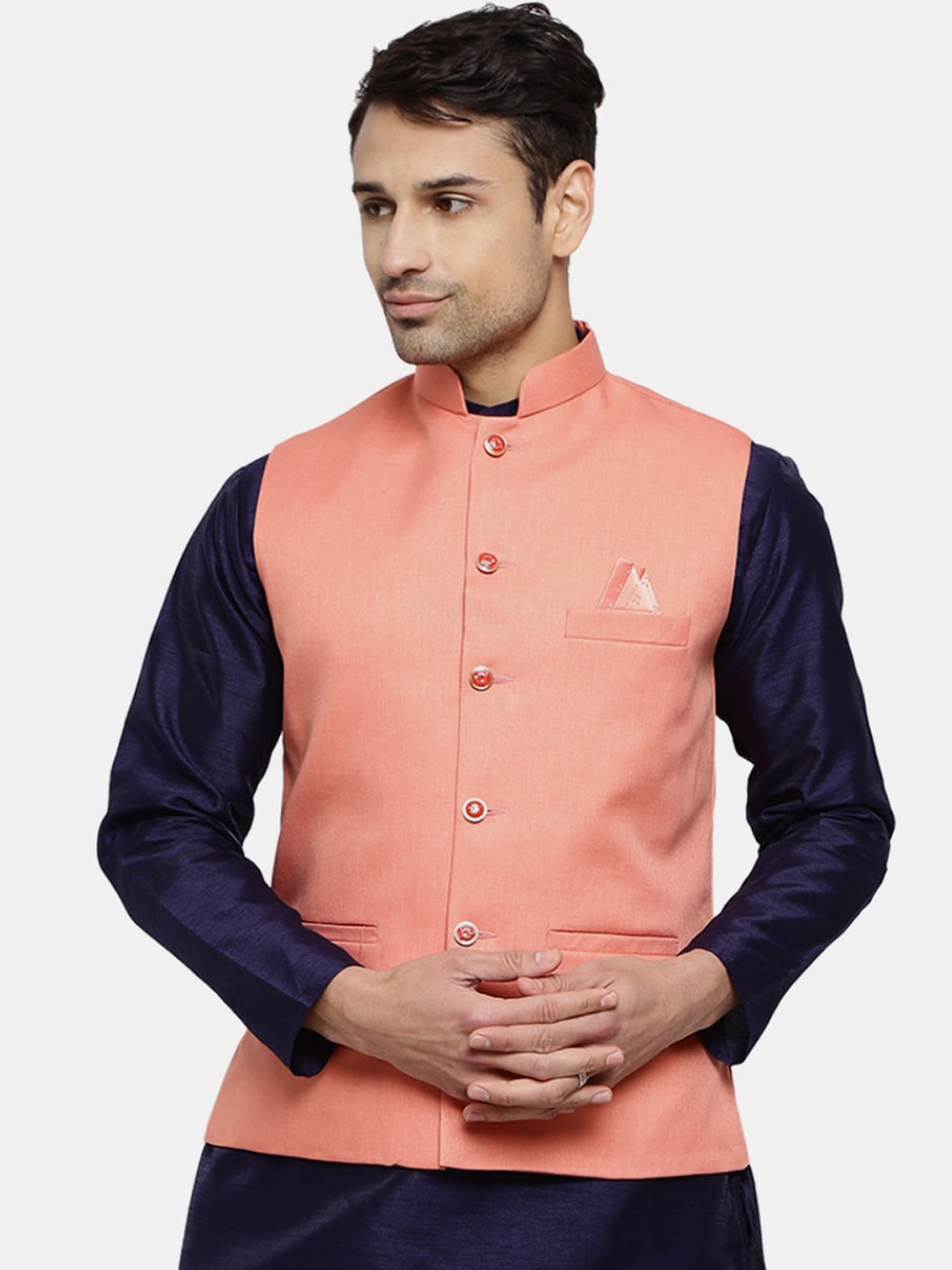 

V-Mart Men Peach Solid Nehru Jackets
