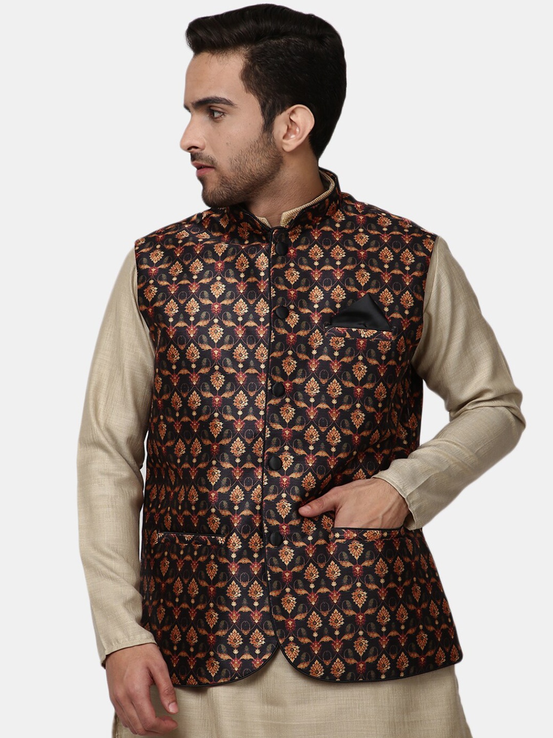 

V-Mart Men Black Self Design Jacquard Nehru Jackets