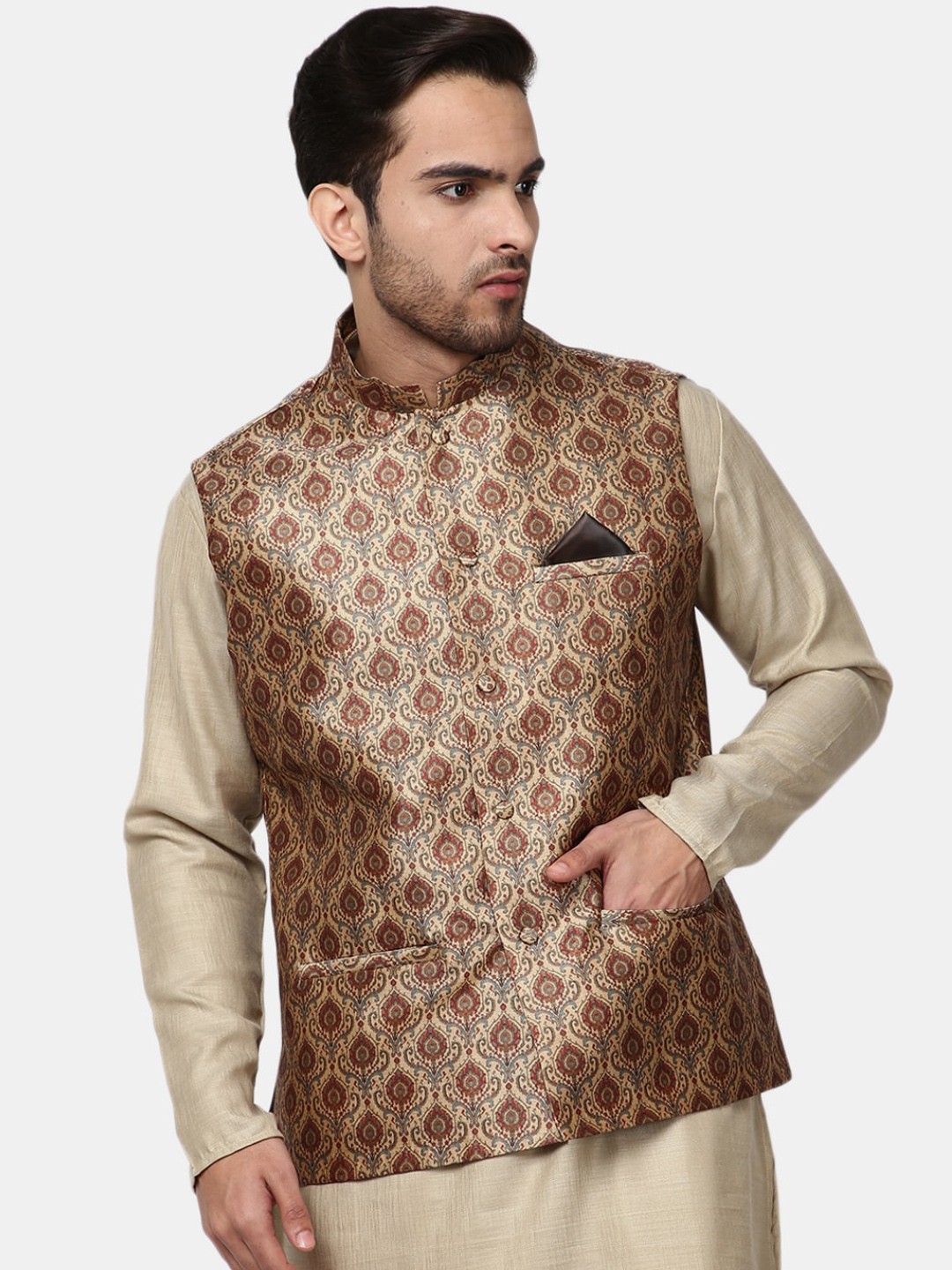 

V-Mart Men Beige Self-Design Ethnic Nehru Jacket