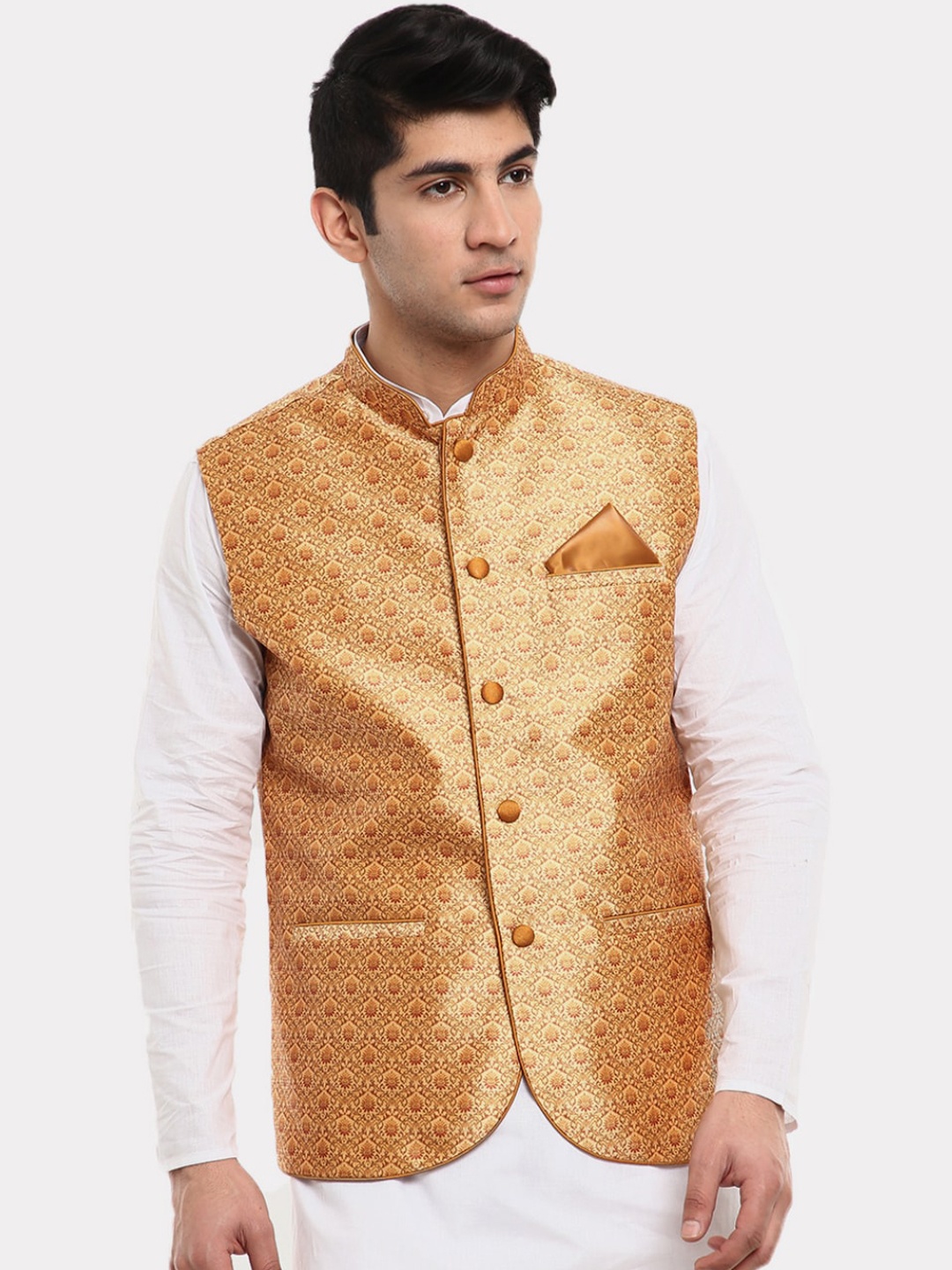 

V-Mart Men Yellow Self Design Jacquard Nehru Jacket