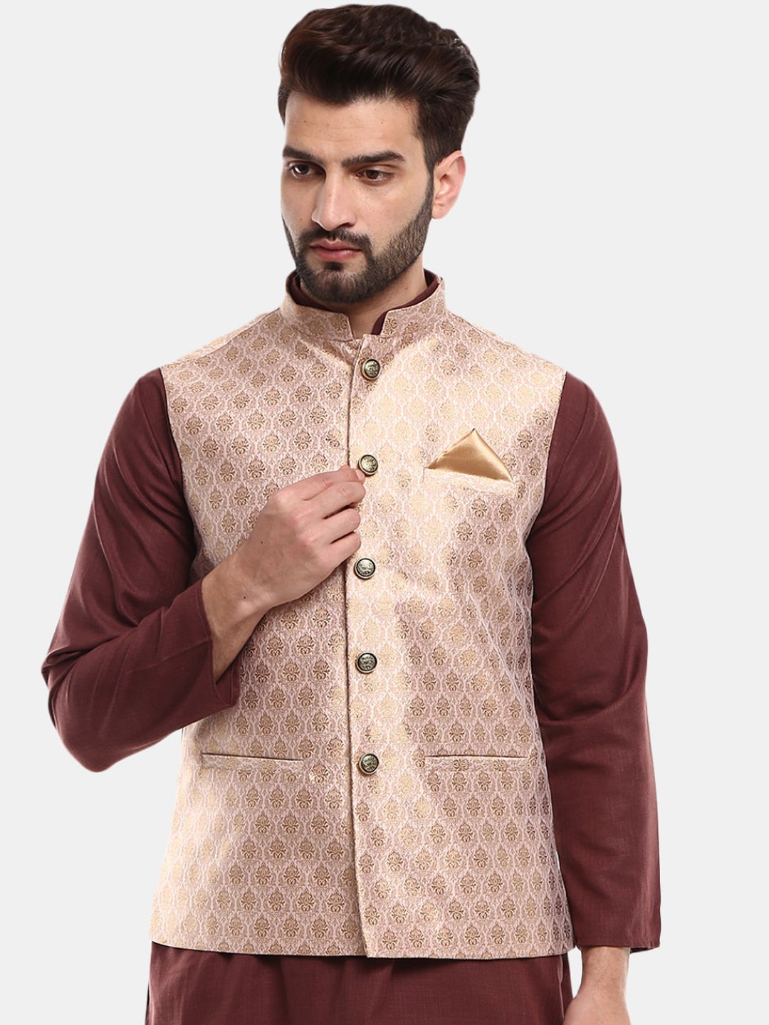 

V-Mart Men Pink & Gold-Coloured Woven Design Nehru Jacket