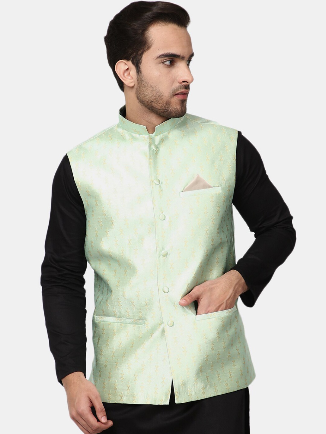 

V-Mart Men Green & Gold-Coloured Woven Design Nehru Jackets