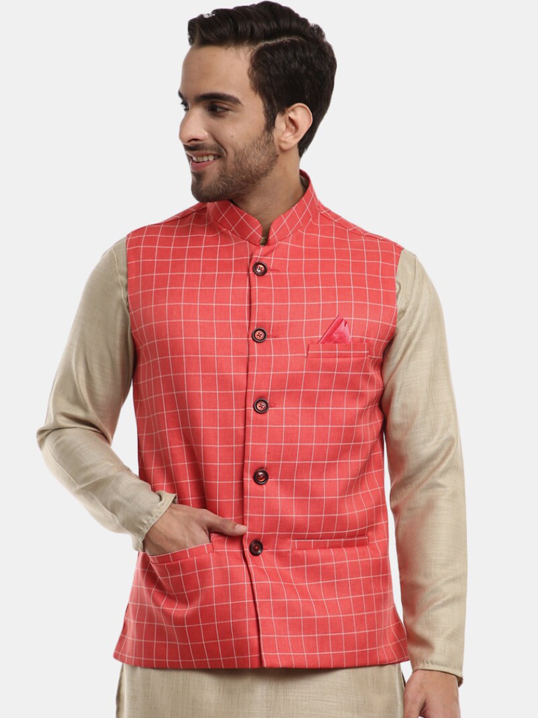 

V-Mart Men Peach-Colored Checked Nehru Jacket