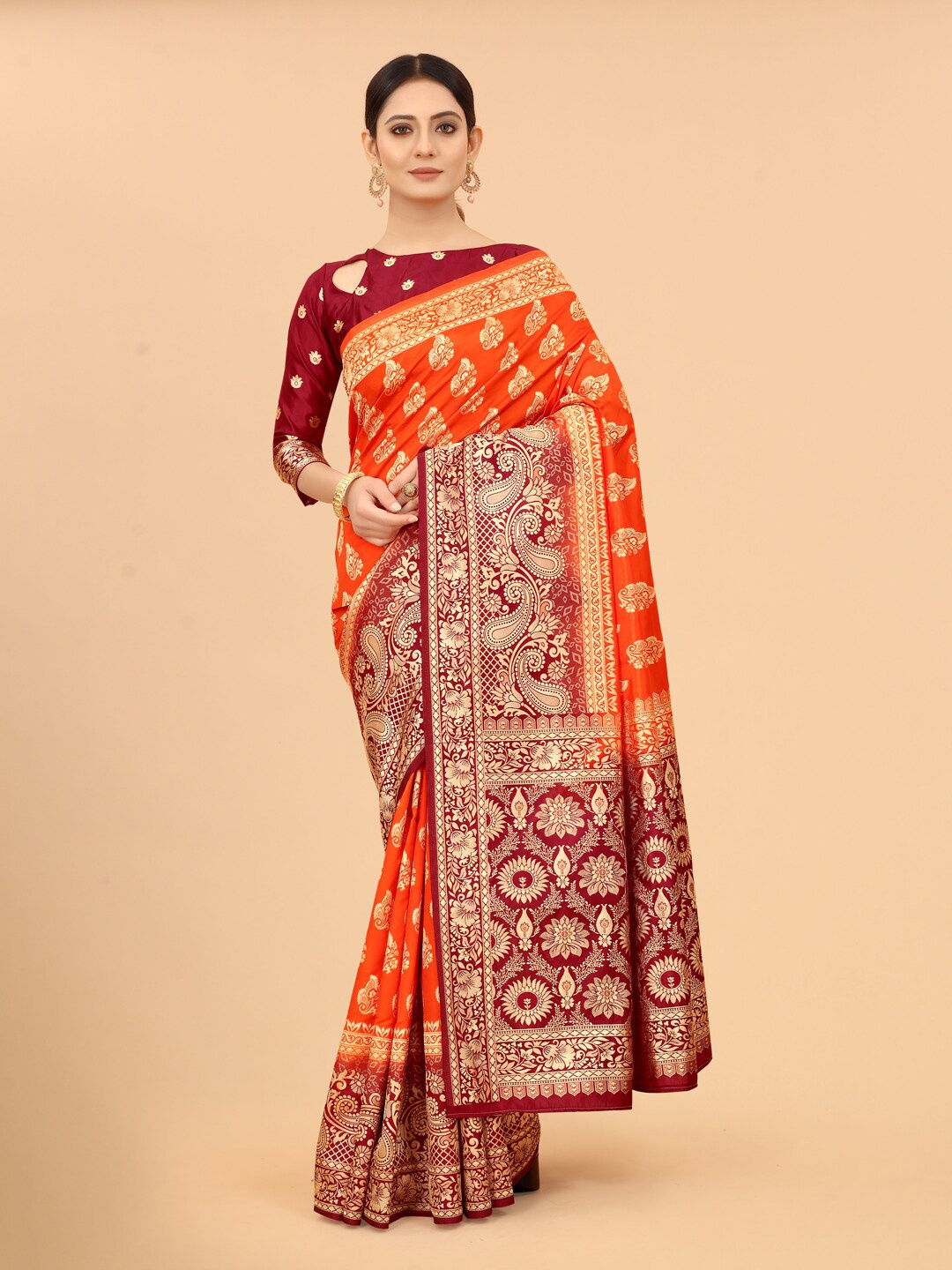 

WELL WORN Orange & Maroon Woven Design Zari Silk Cotton Banarasi Saree
