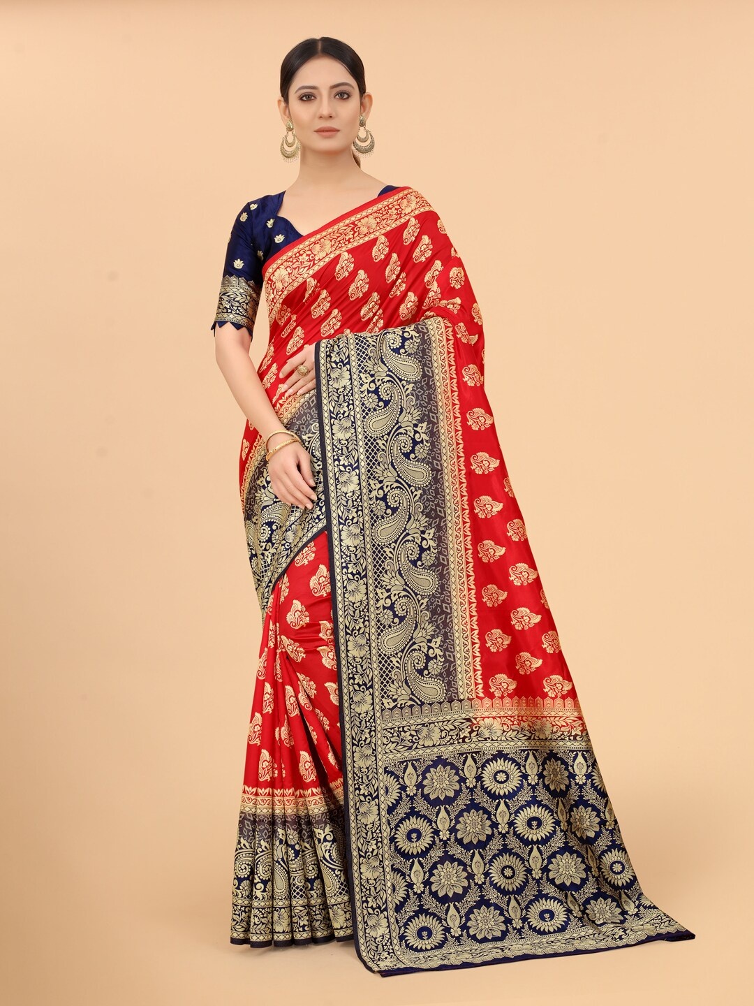 

WELL WORN Orange & Green Woven Design Zari Silk Cotton Banarasi Saree