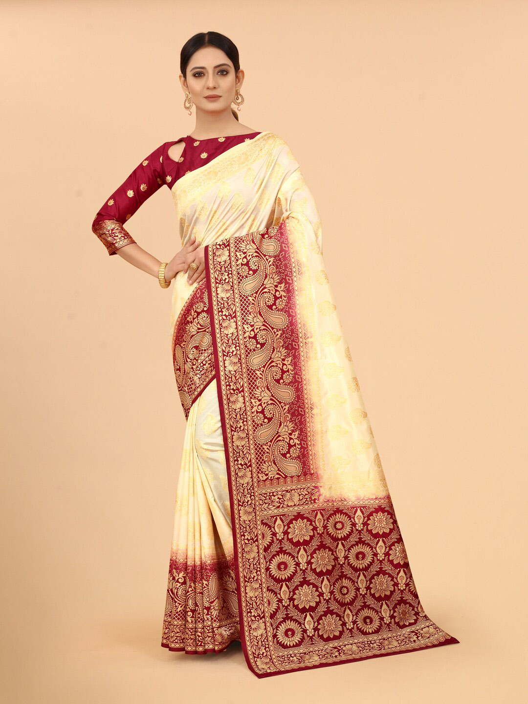 

WELL WORN Beige & Maroon Woven Design Zari Silk Cotton Banarasi Saree