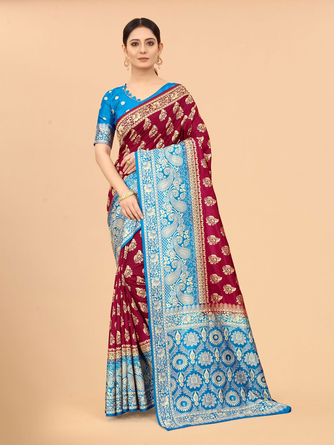 

WELL WORN Burgundy & Blue Woven Design Zari Silk Cotton Banarasi Saree