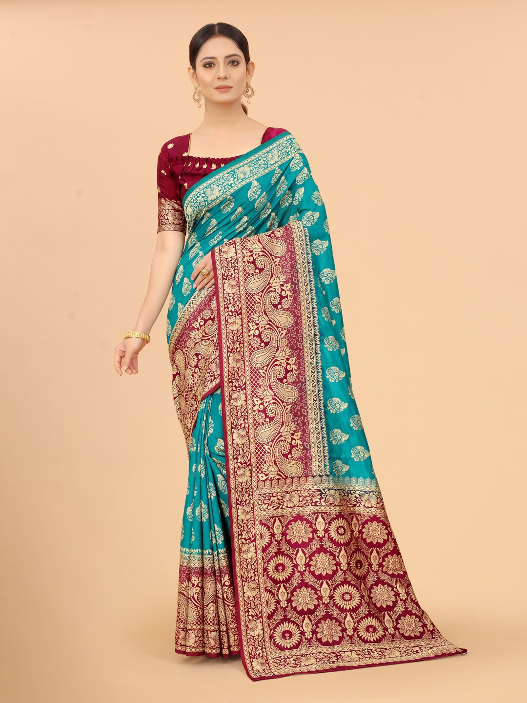 

WELL WORN Blue & Maroon Woven Design Silk Cotton Banarasi Saree