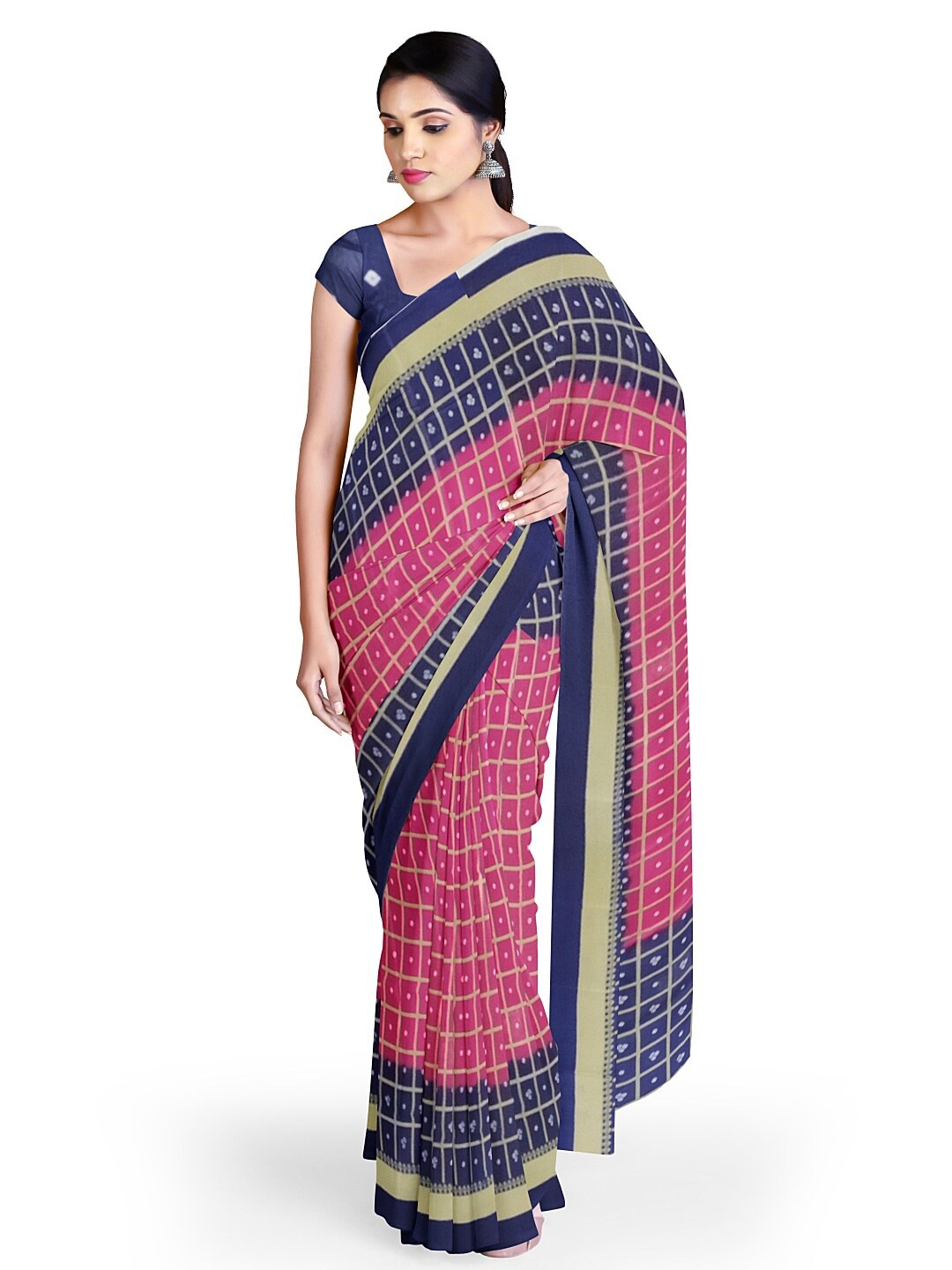 

SAADHVI Pink & Blue Bandhani Silk Blend Fusion Bandhani Saree