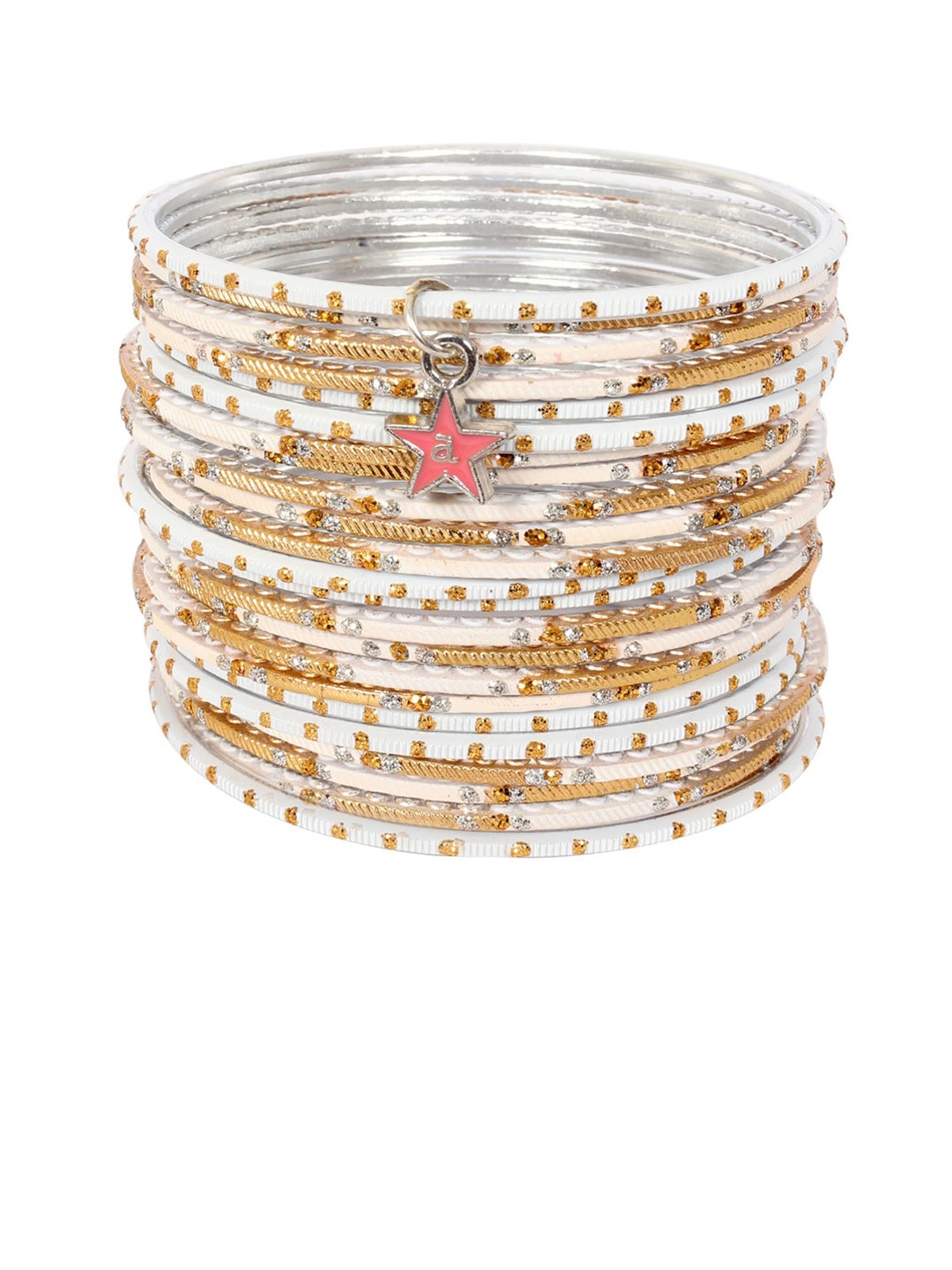 

Ayesha Set Of 24 White & Gold Coloured Glitter Ethnic Bangles