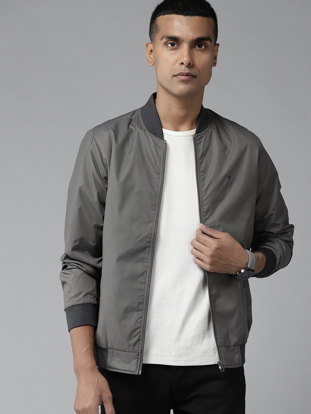 

Van Heusen Men Grey Solid Bomber Jacket