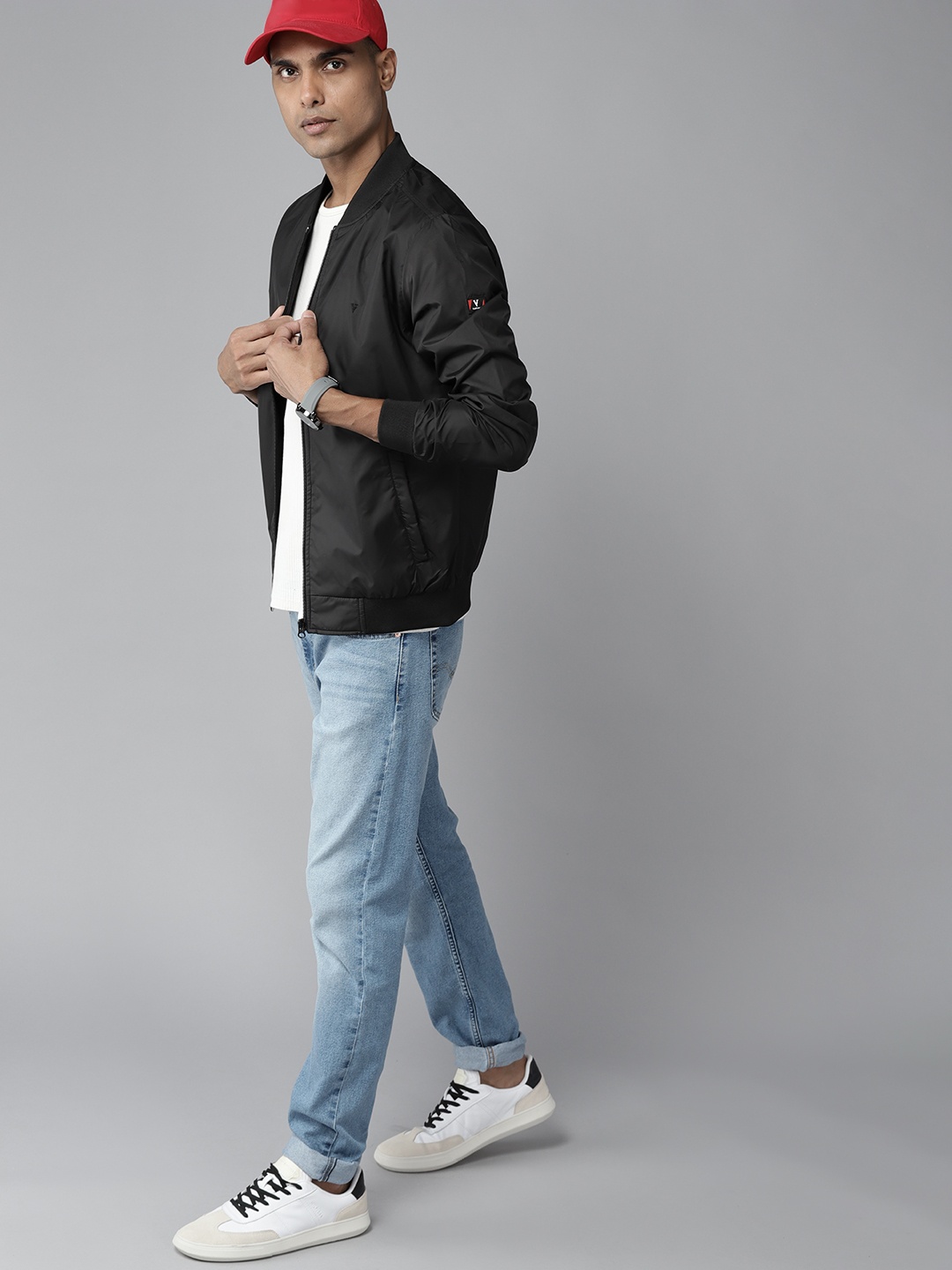 

Van Heusen Men Black Solid Slim Fit Bomber Jacket