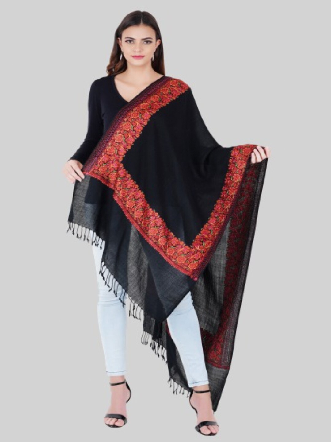 

MUFFLY Women Black & Red Embroidered Stole