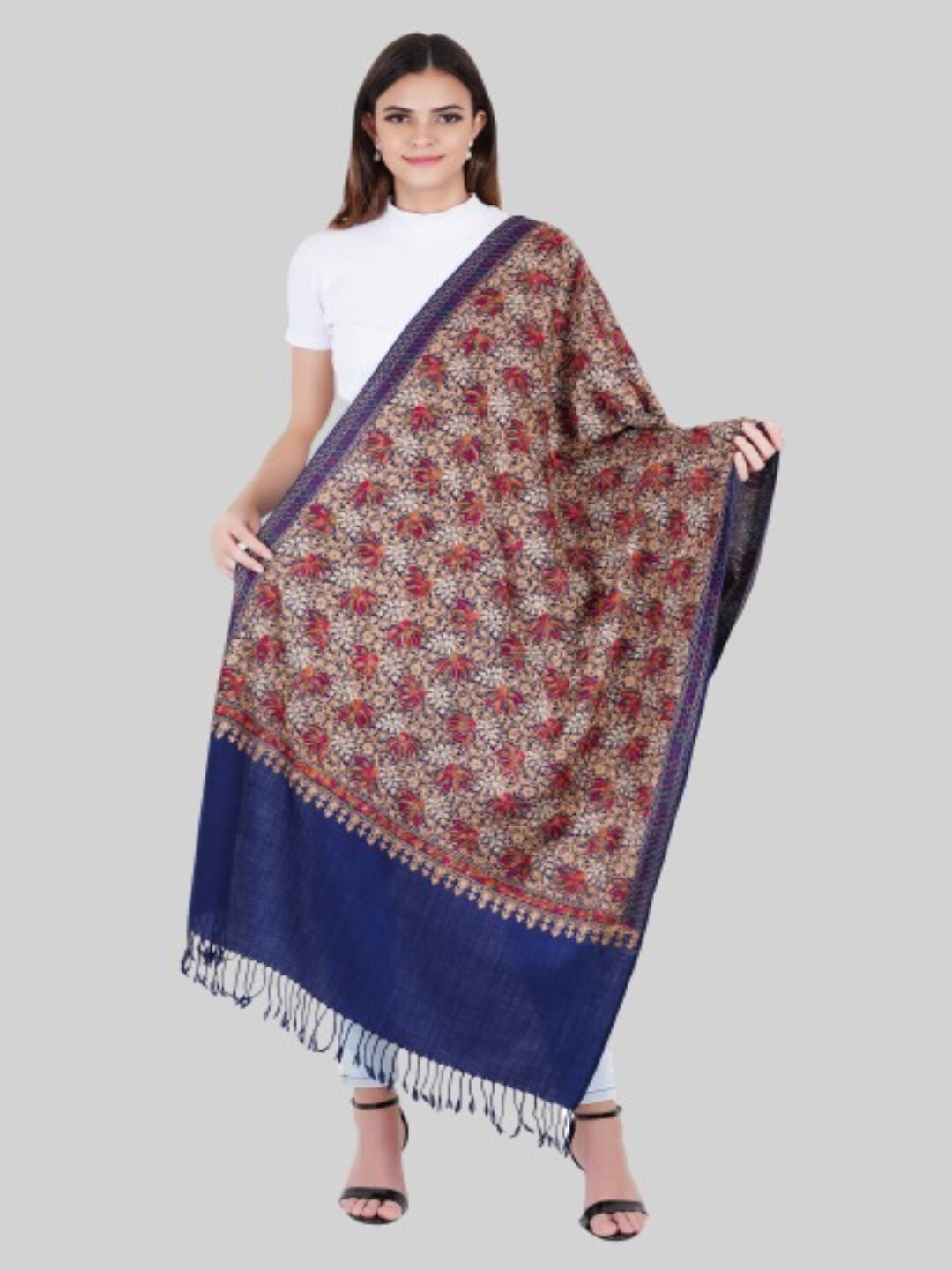 

MUFFLY Women Blue & Brown Embroidered Stole