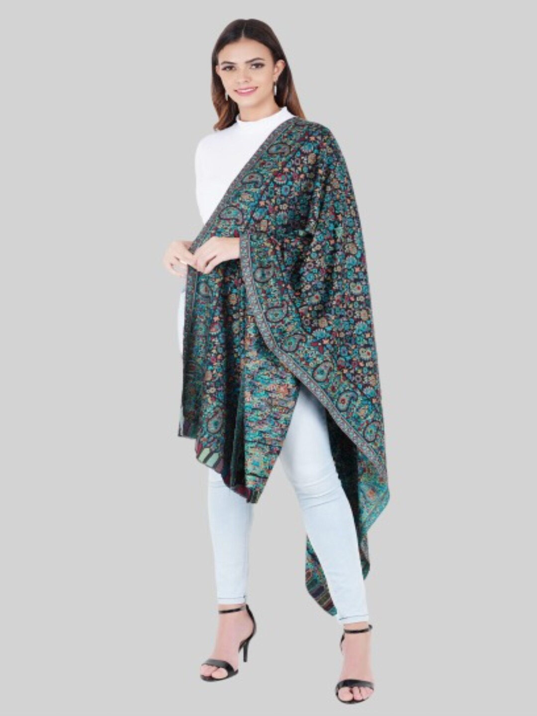 

MUFFLY Women Green & Red Embroidered Stole
