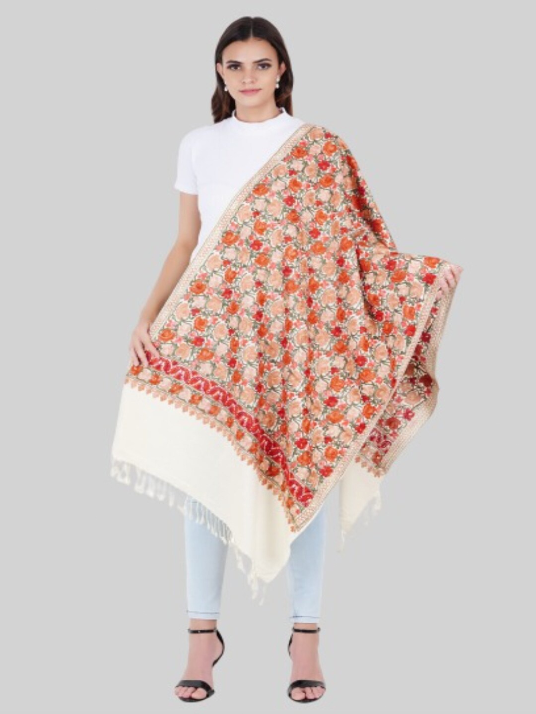 

MUFFLY Women White & Red Embroidered Stole