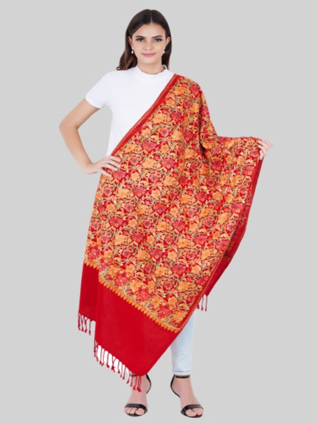 

MUFFLY Women Maroon & Red Embroidered Stole