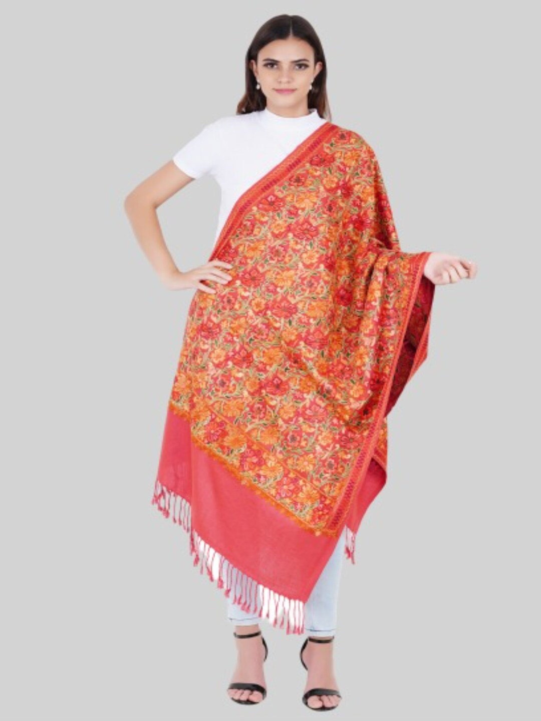 

MUFFLY Women Pink & Orange Embroidered Stole