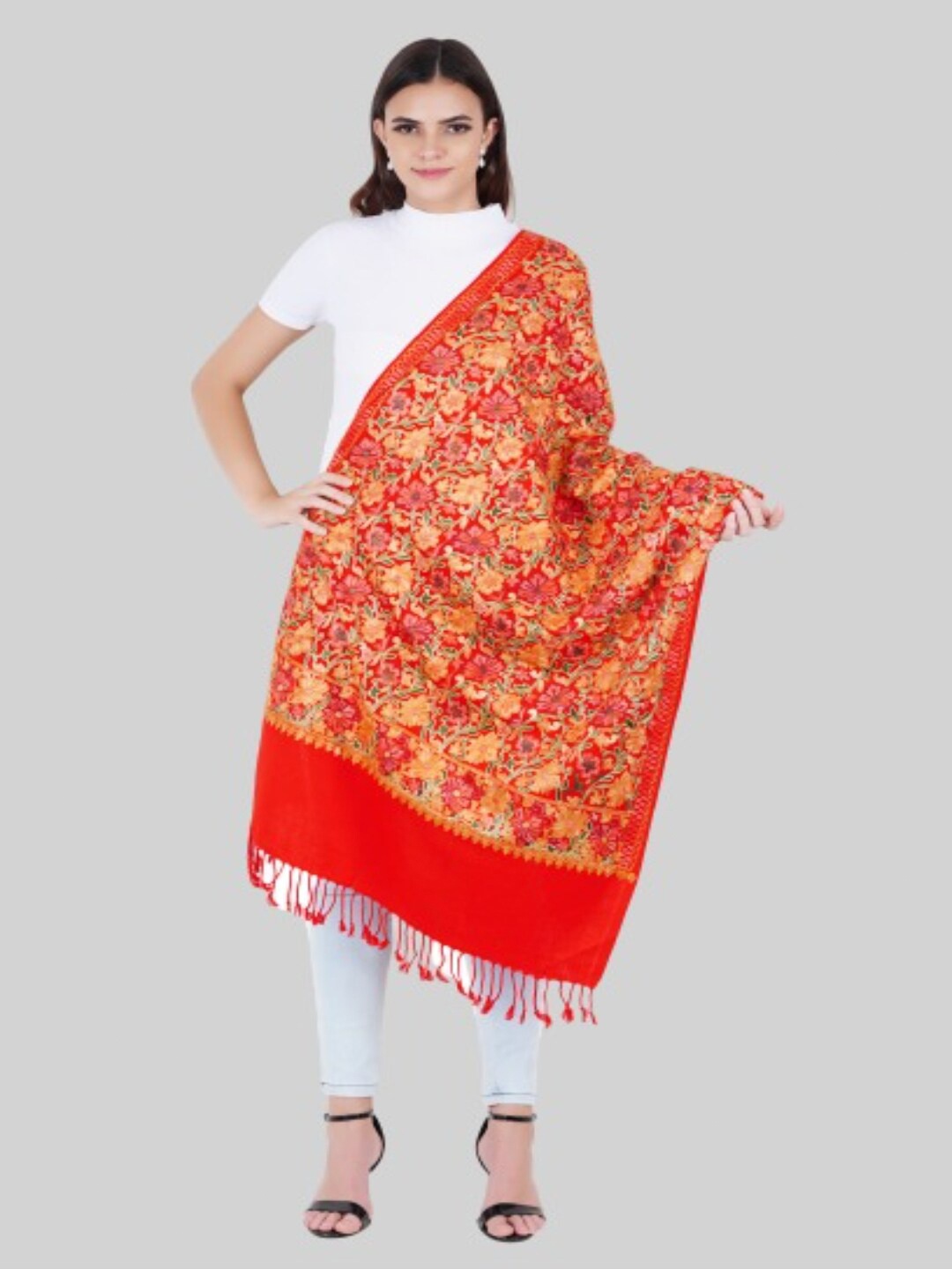 

MUFFLY Women Red & Yellow Embroidered Stole