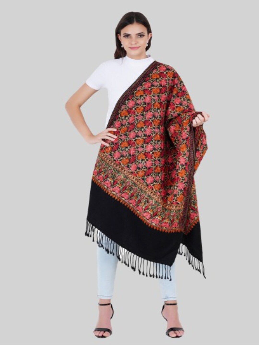

MUFFLY Women Black & Pink Embroidered Stole