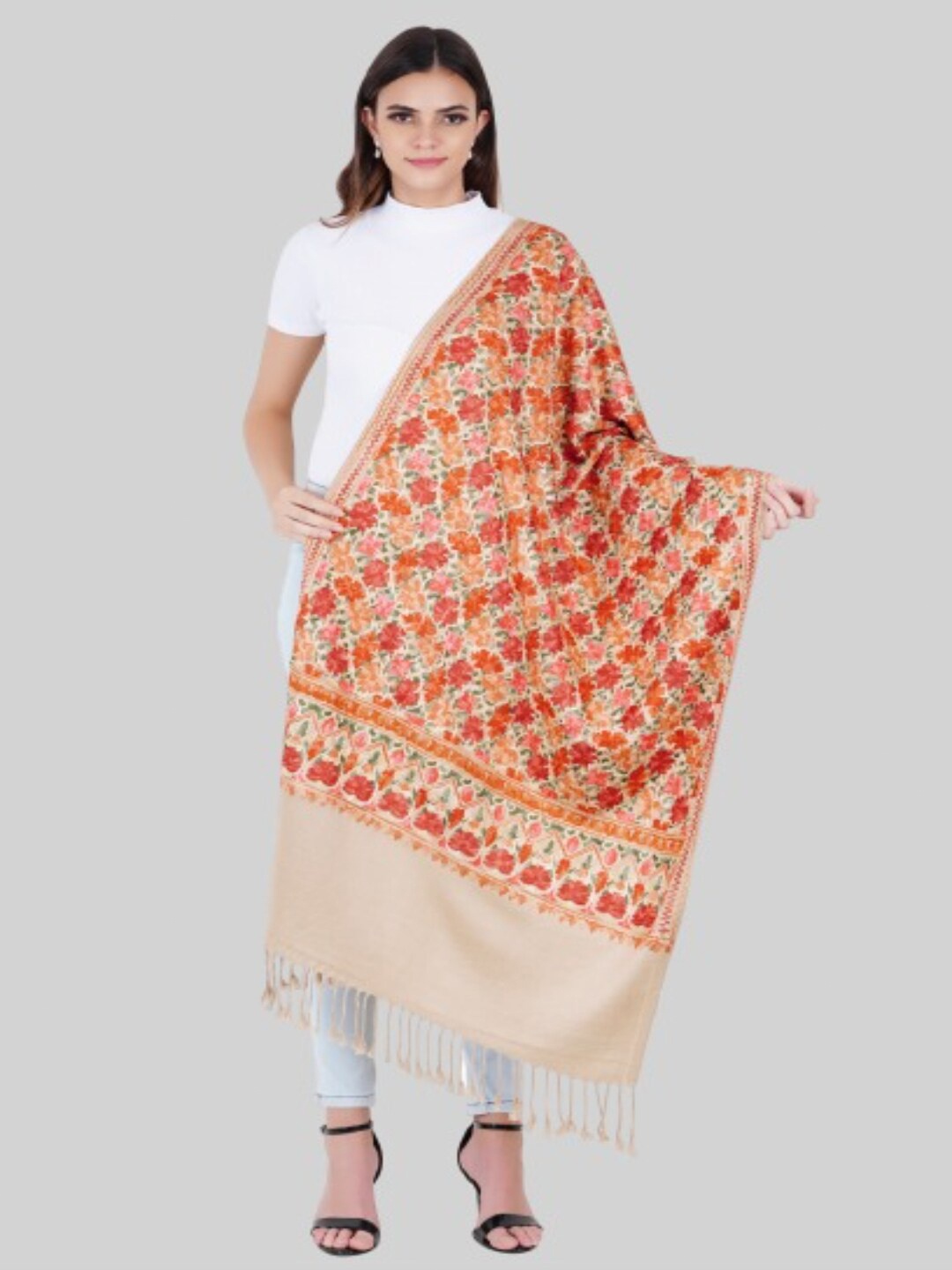 

MUFFLY Women Beige & Red Embroidered Stole