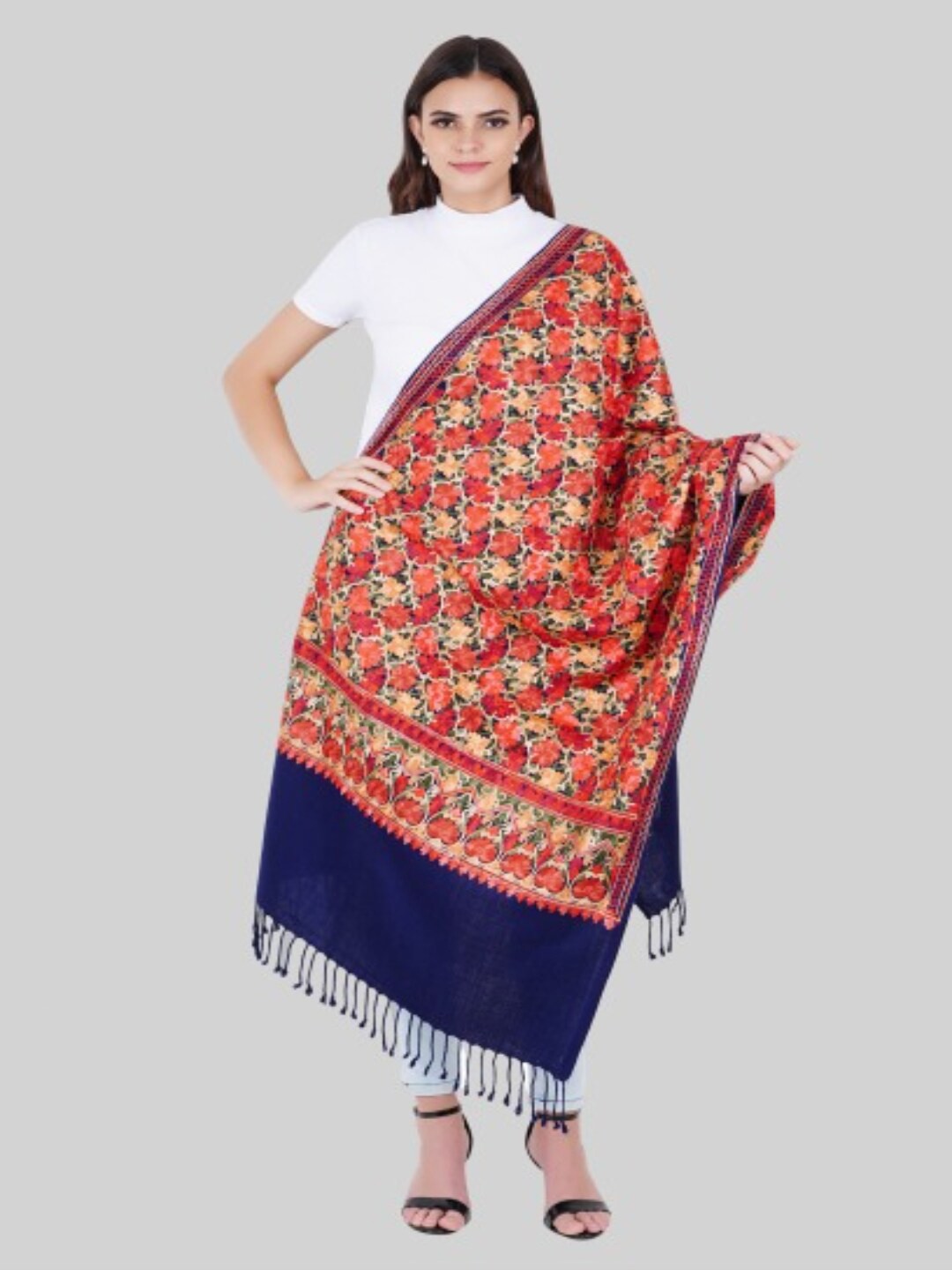 

MUFFLY Women Blue & Red Embroidered Stole