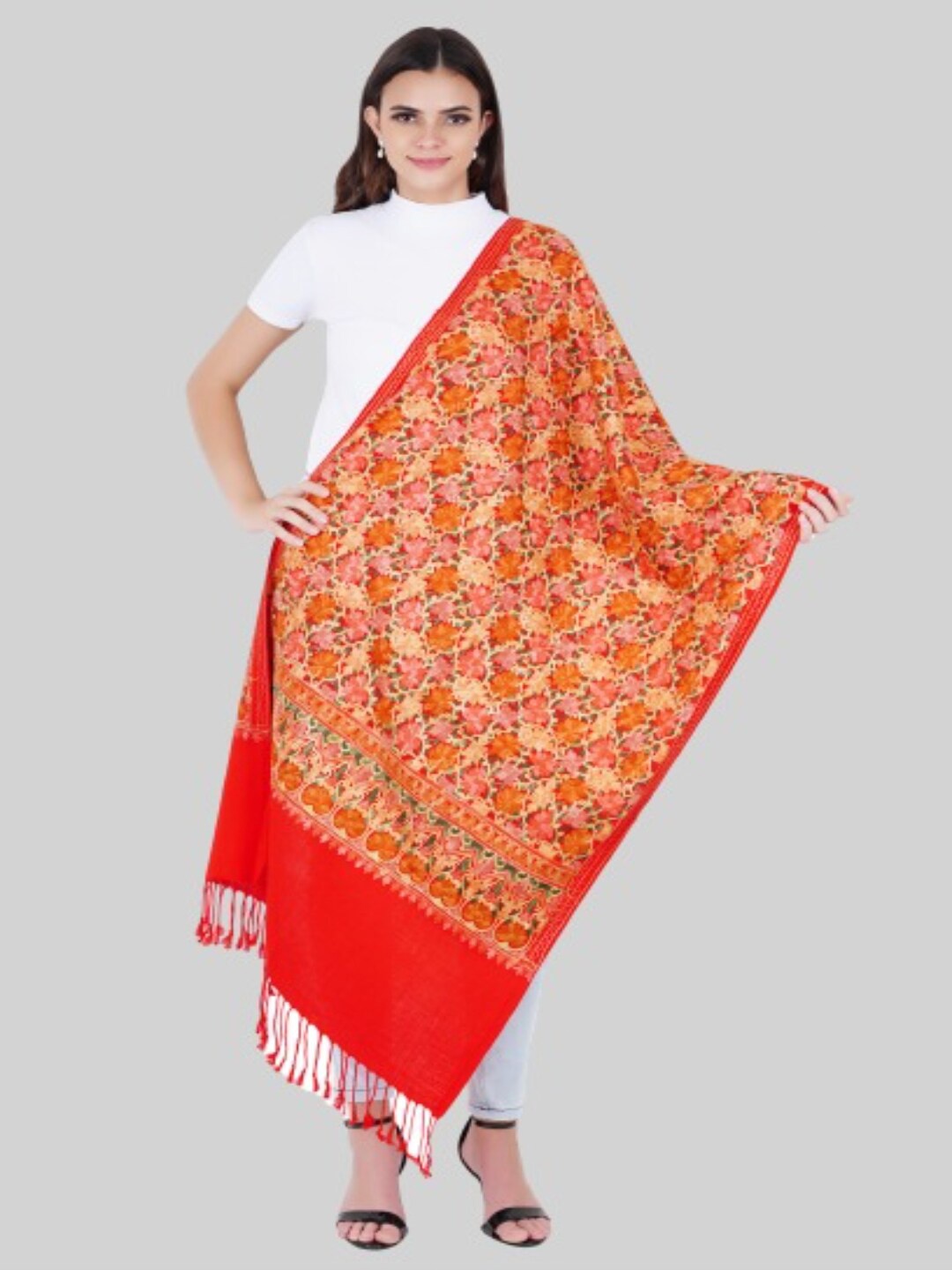 

MUFFLY Women Red & Green Embroidered Stole