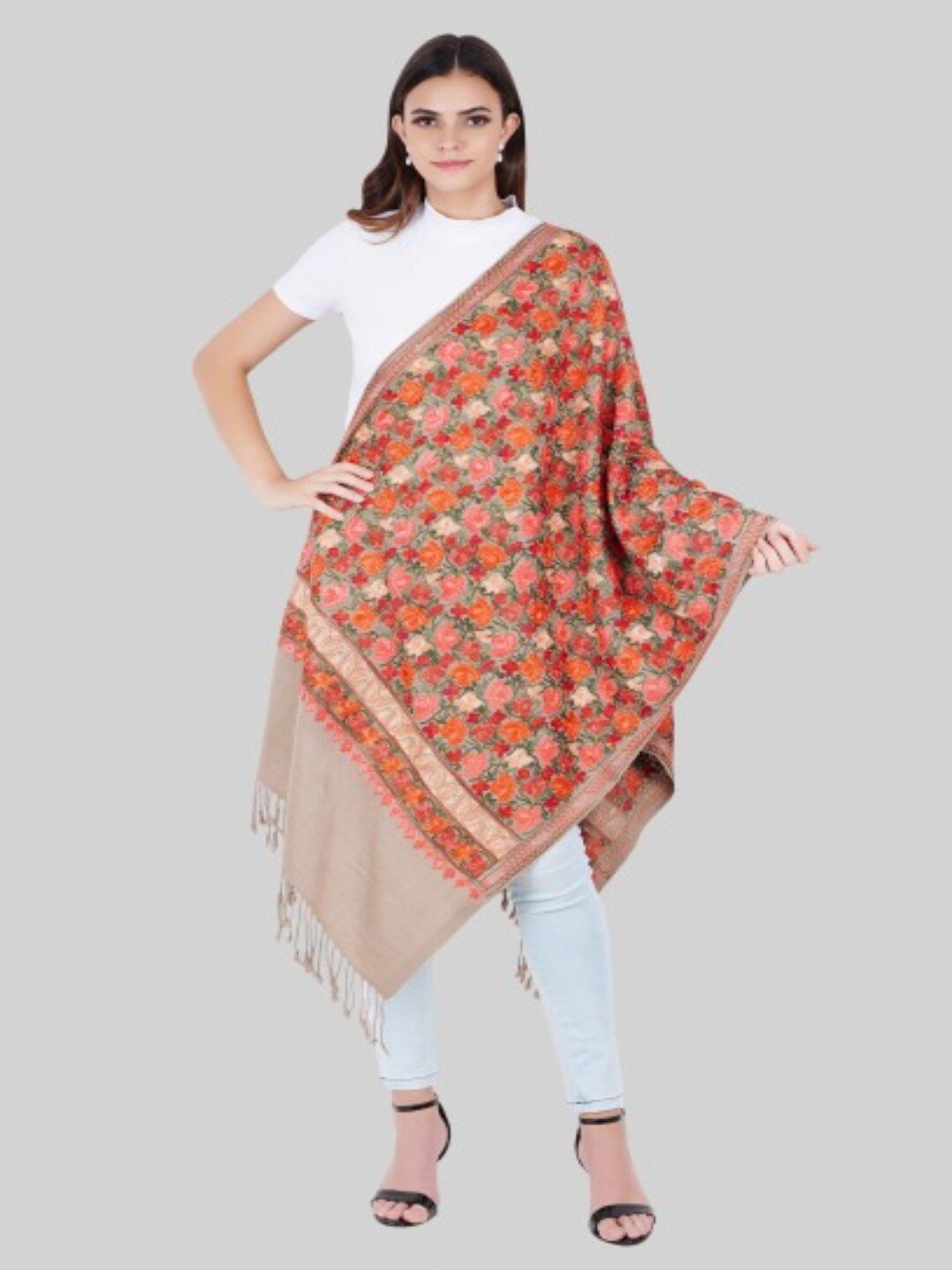 

MUFFLY Women Beige & Red Embroidered Stole