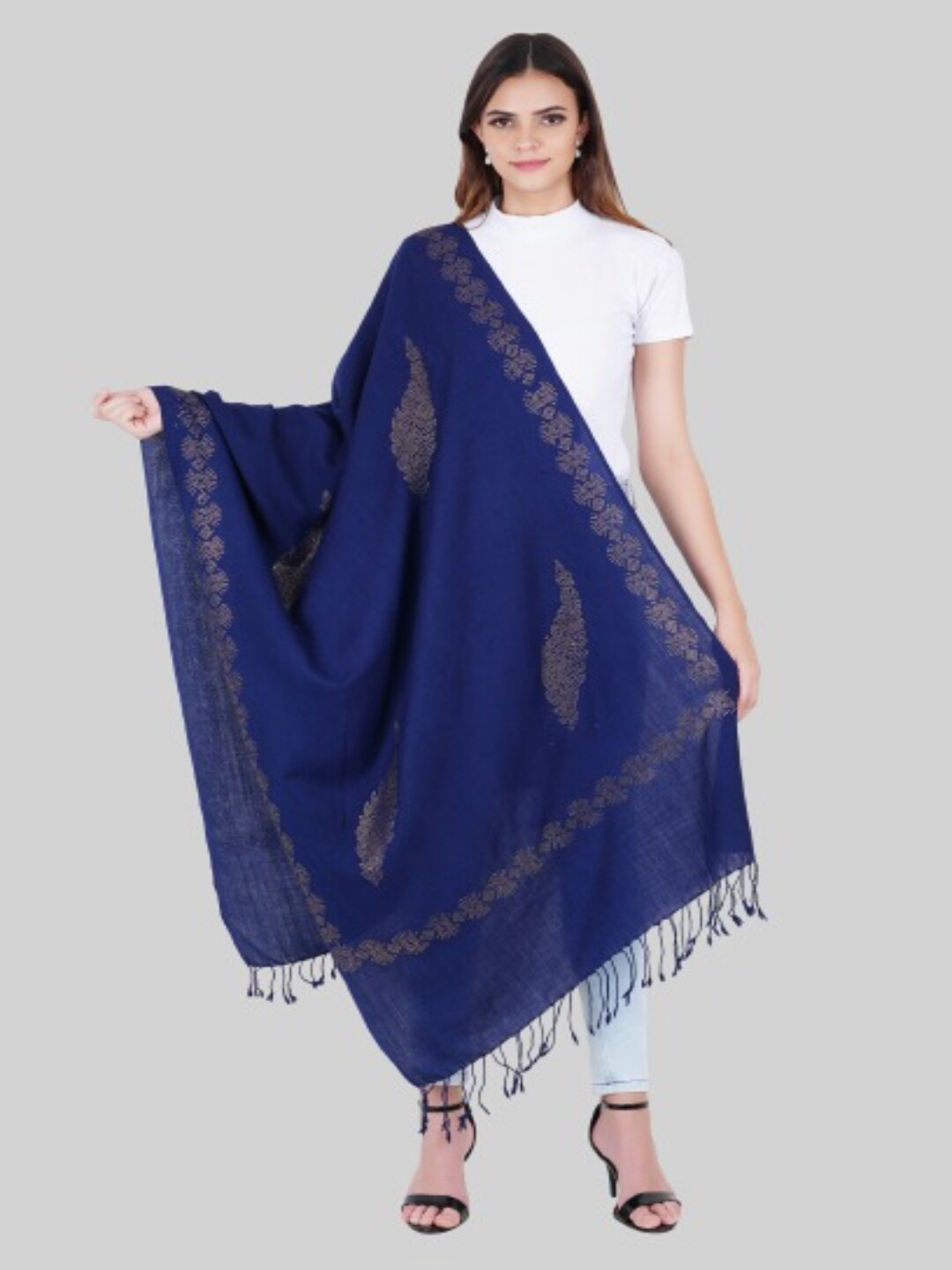 

MUFFLY Women's Blue & Brown Embroidered Stole