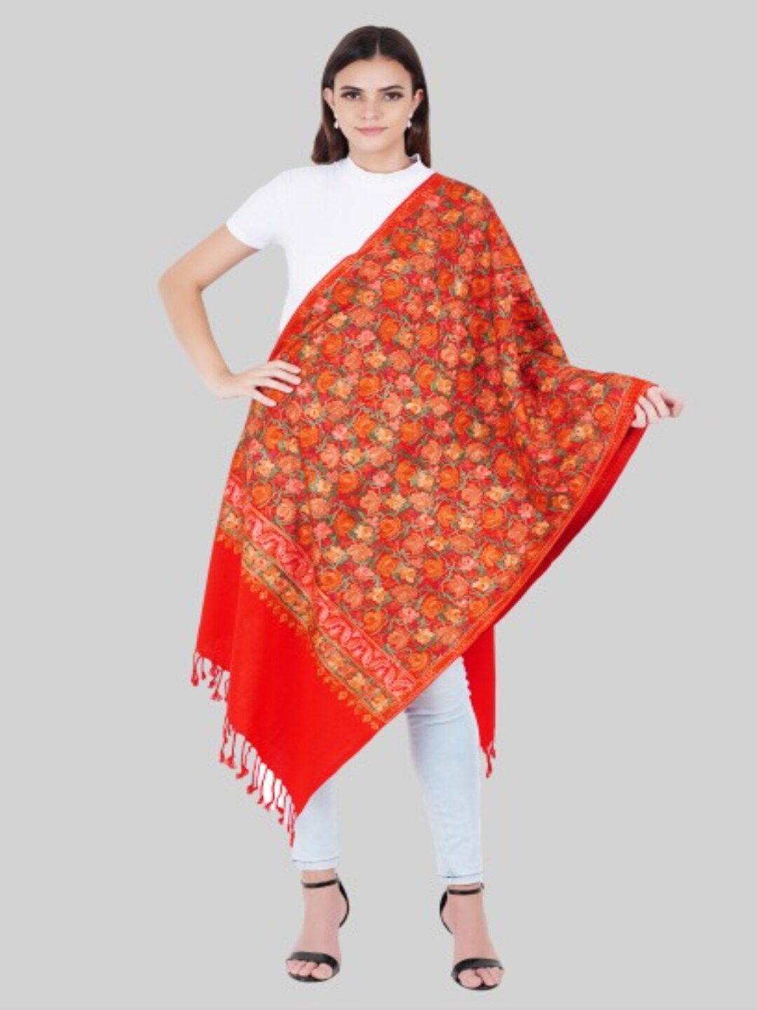 

MUFFLY Women Red & Green Embroidered Stole
