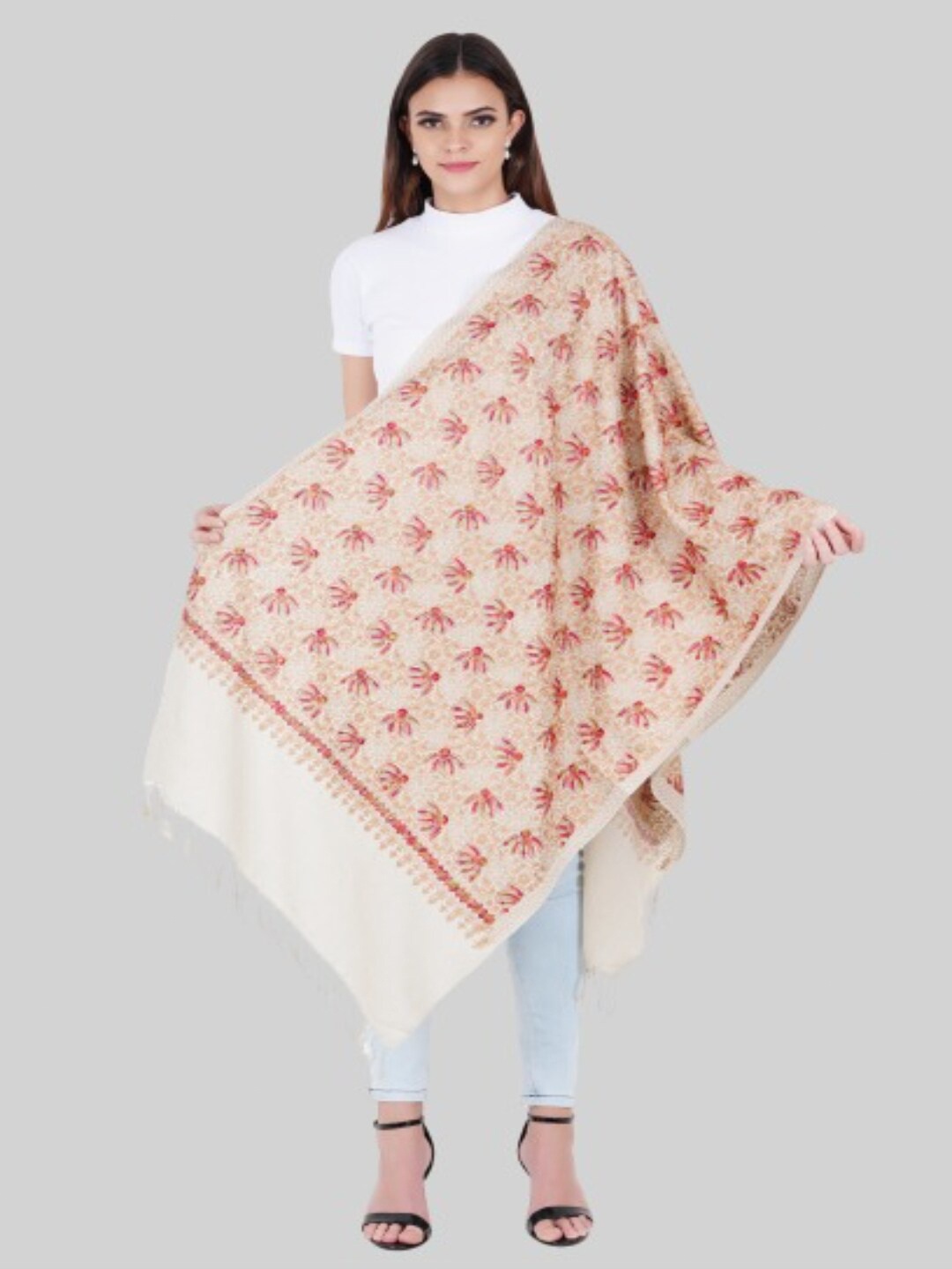 

MUFFLY Women Off White & Pink Embroidered Stole