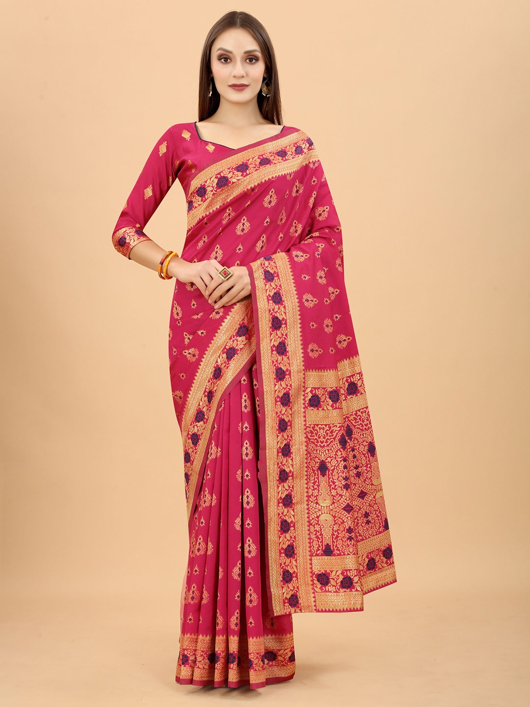 

WELL WORN Pink & Gold-Toned Woven Design Zari Silk Cotton Banarasi Saree