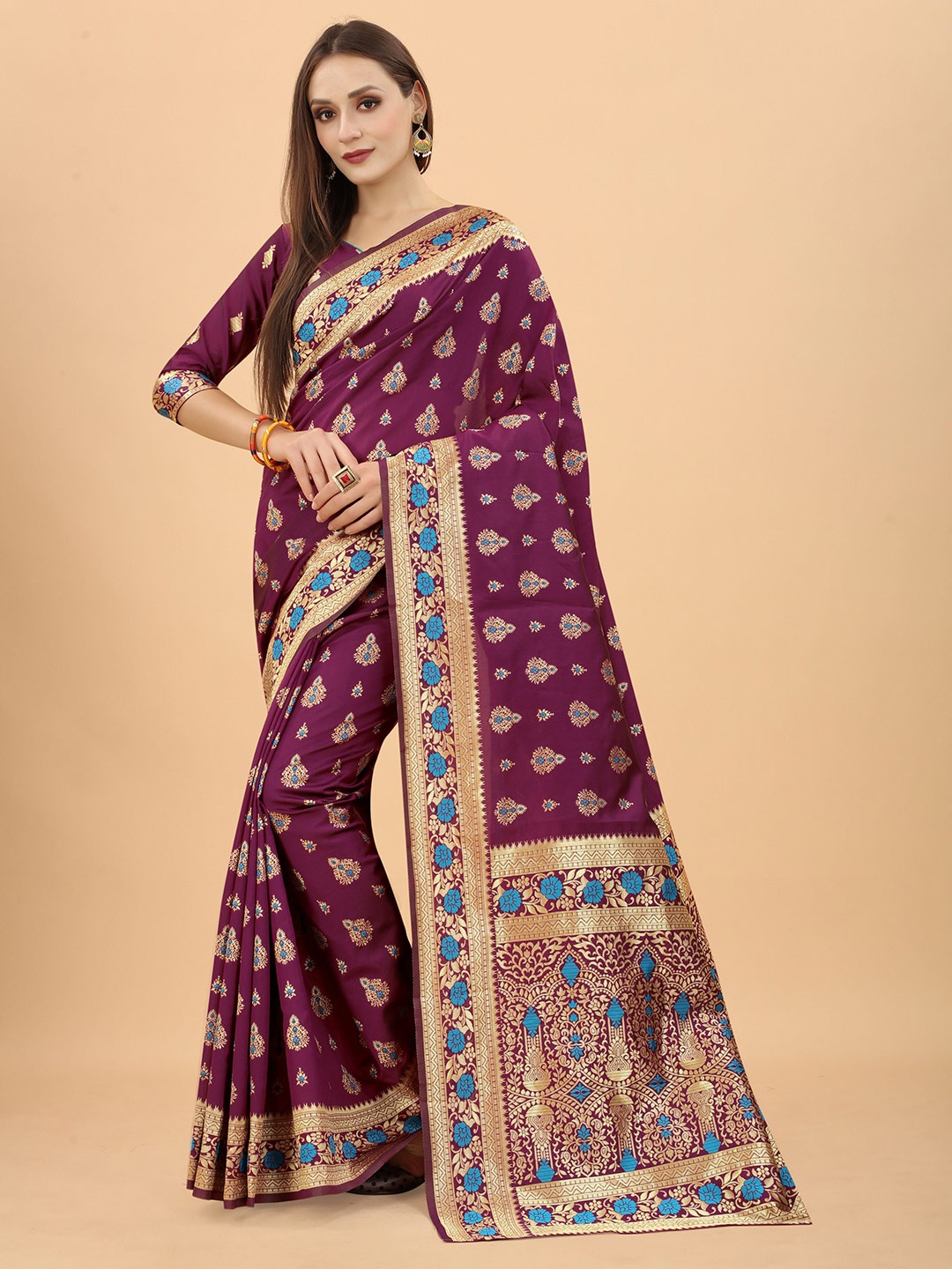 

WELL WORN Burgundy & Blue Woven Design Zari Silk Cotton Banarasi Saree