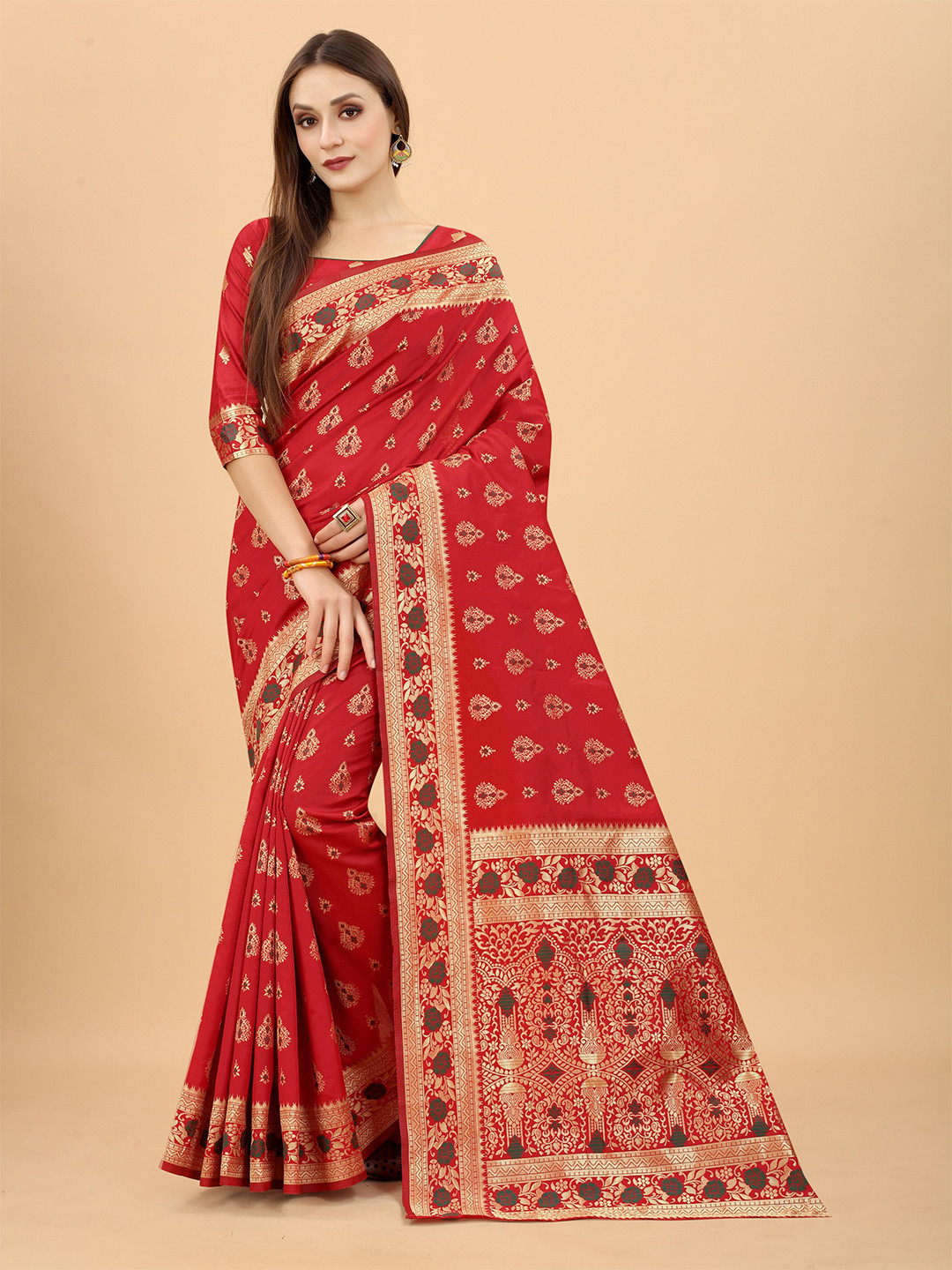 

WELL WORN Red & Gold-Toned Woven Design Zari Silk Cotton Banarasi Saree