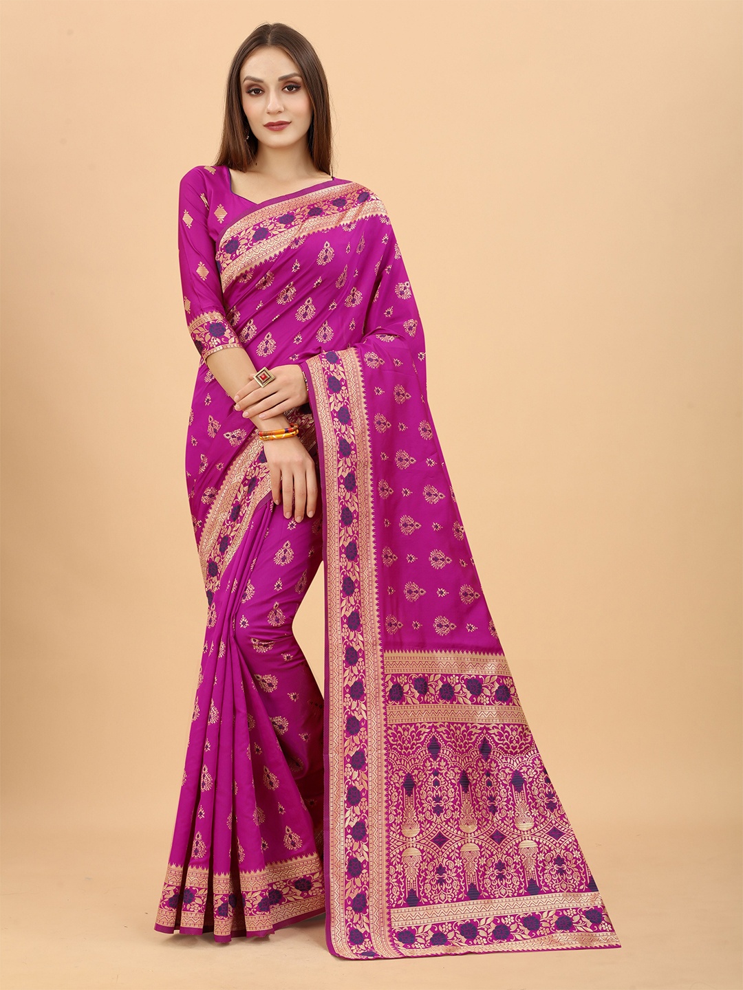 

WELL WORN Pink & Gold-Toned Woven Design Zari Silk Cotton Banarasi Saree