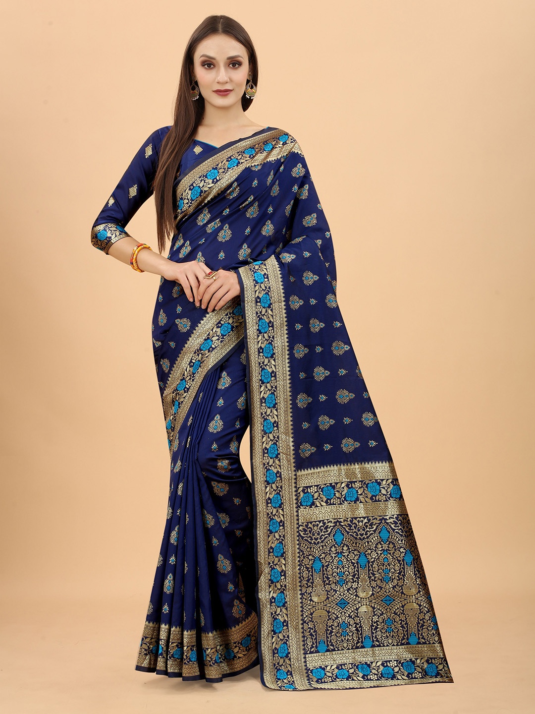 

WELL WORN Navy Blue & Gold-Toned Woven Design Zari Silk Cotton Banarasi Saree