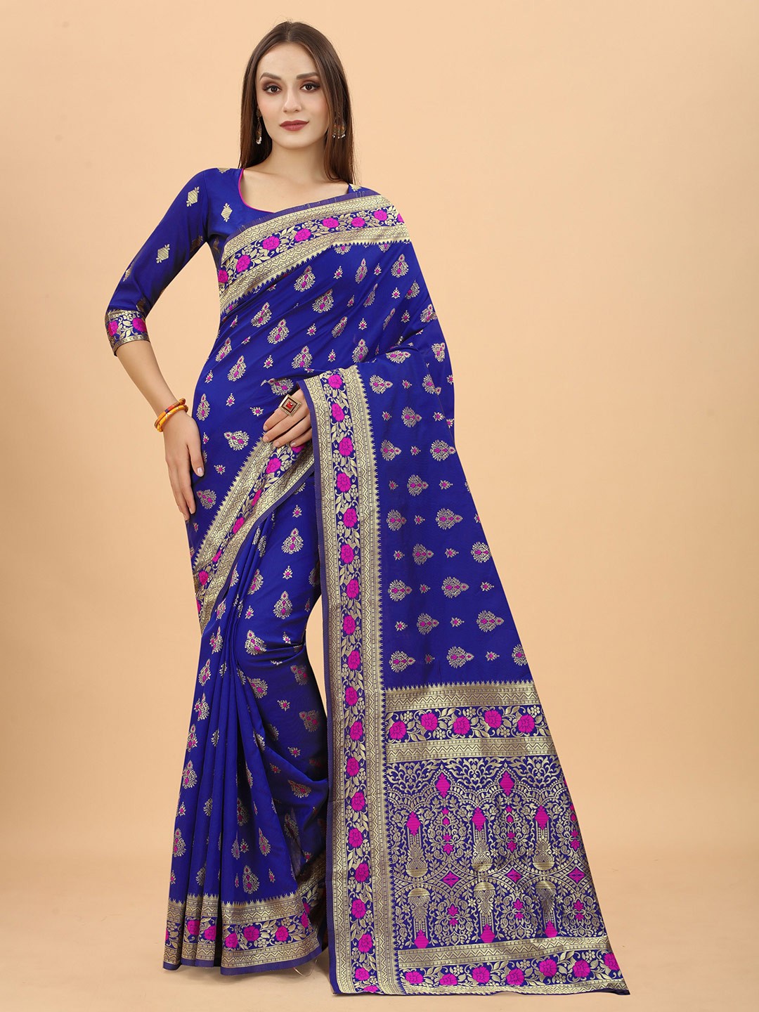 

WELL WORN Women Blue & Gold-Toned Zari Silk Cotton Banarasi Saree